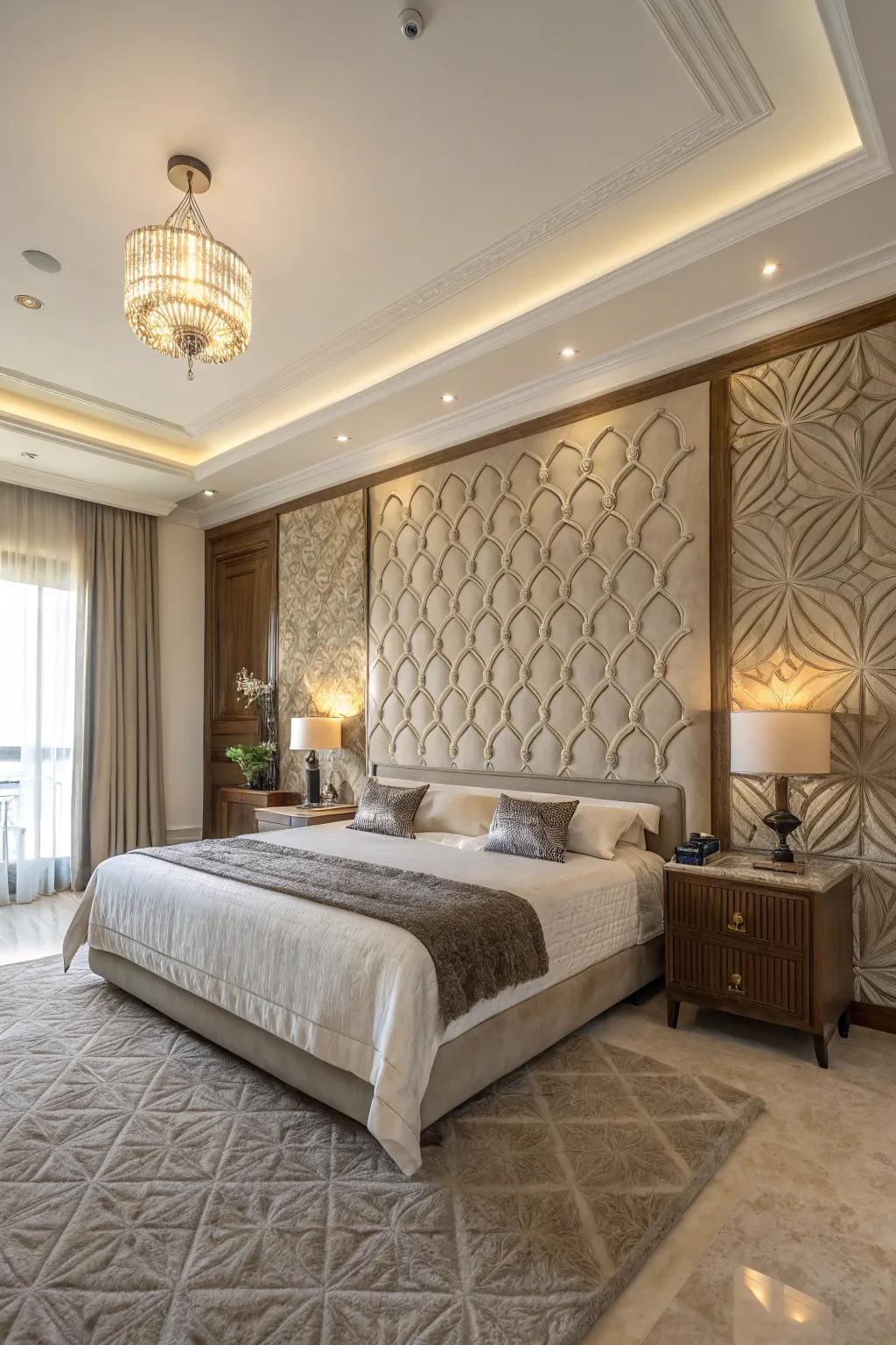 Decorative wall designs enhance the style and texture of this expansive bedroom.