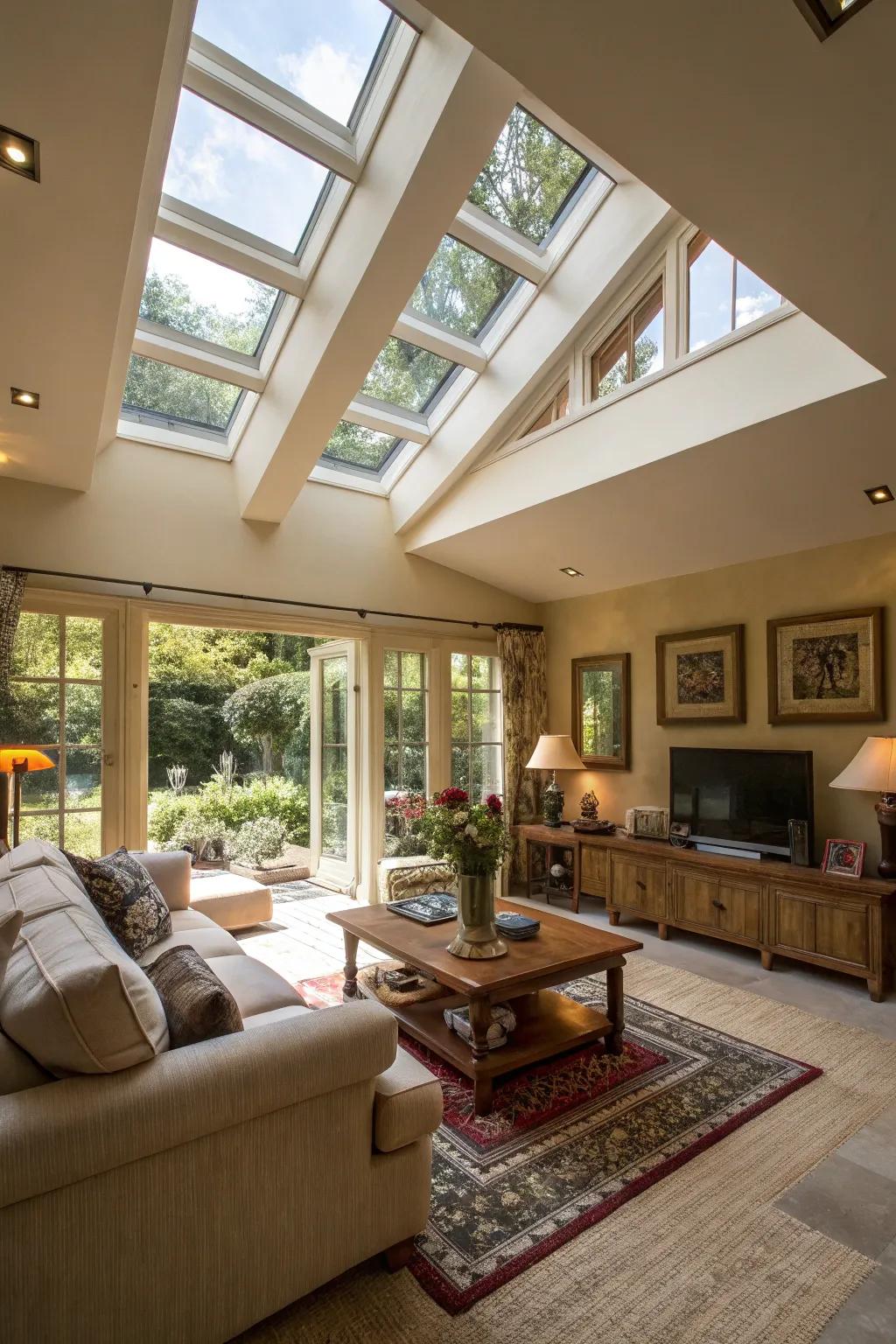 Skylights bringing constant sunshine into the living space.