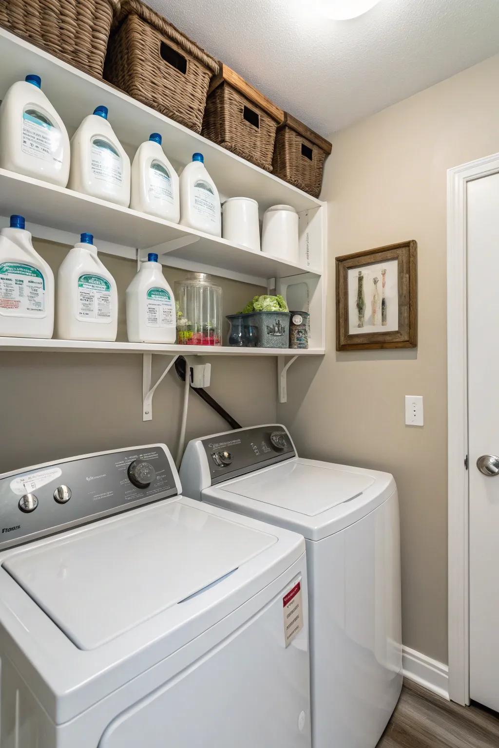 Wall-mounted dispensers maximize space within compact laundry rooms.