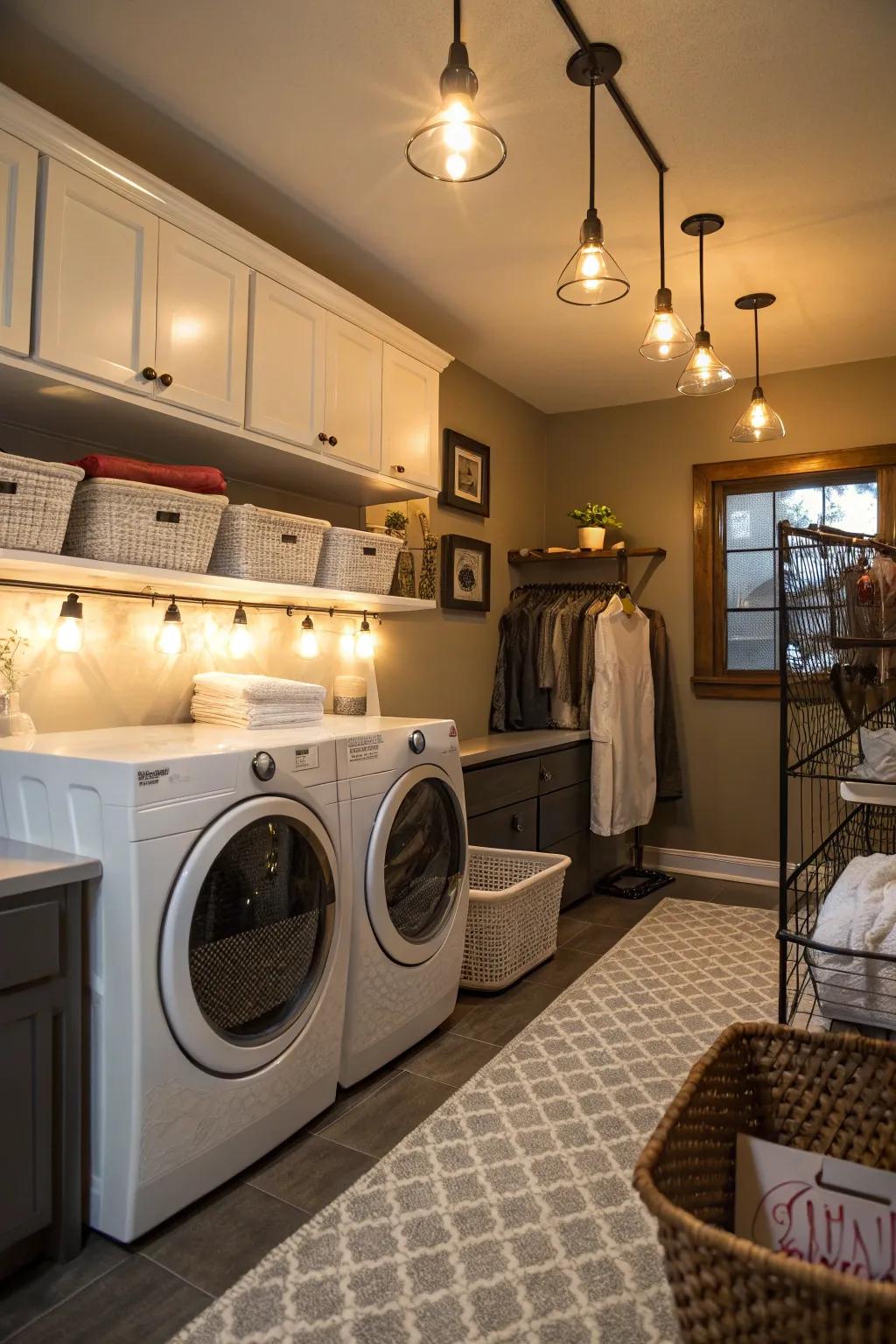Layered lighting creates depth and warmth in your laundry area.