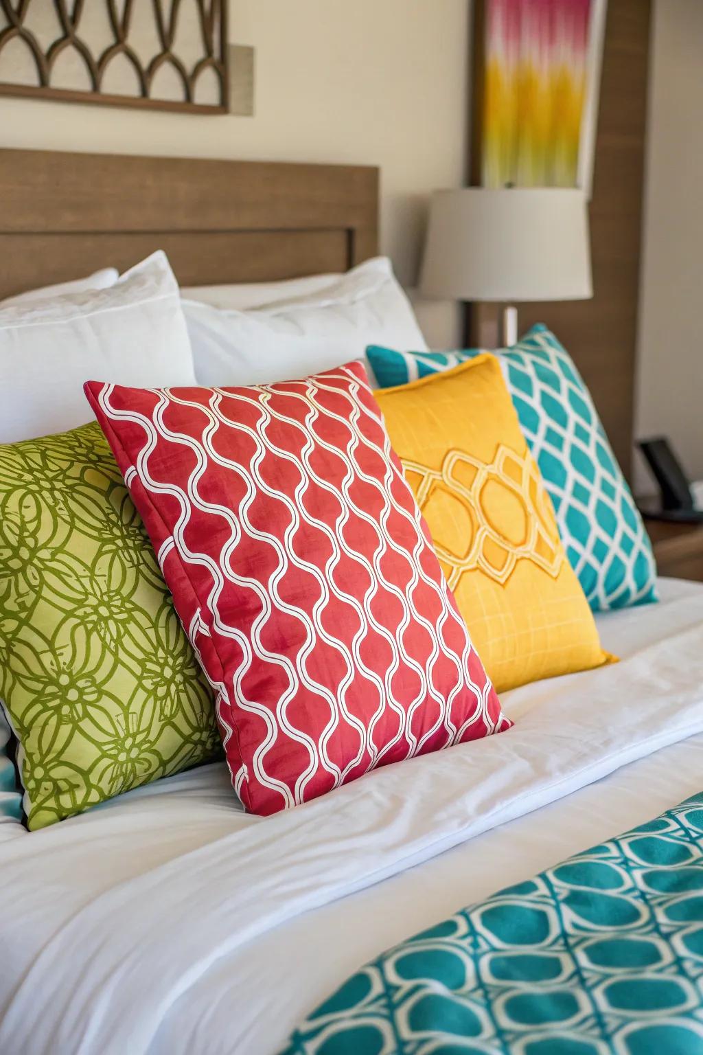 Ornamental pillow covers adding an extra layer of style to the bed.