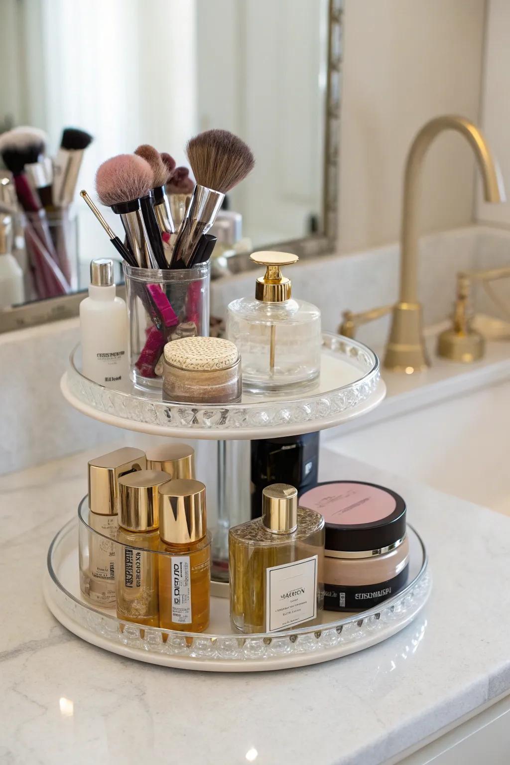 A vanity area transformed through a categorized lazy Susan.