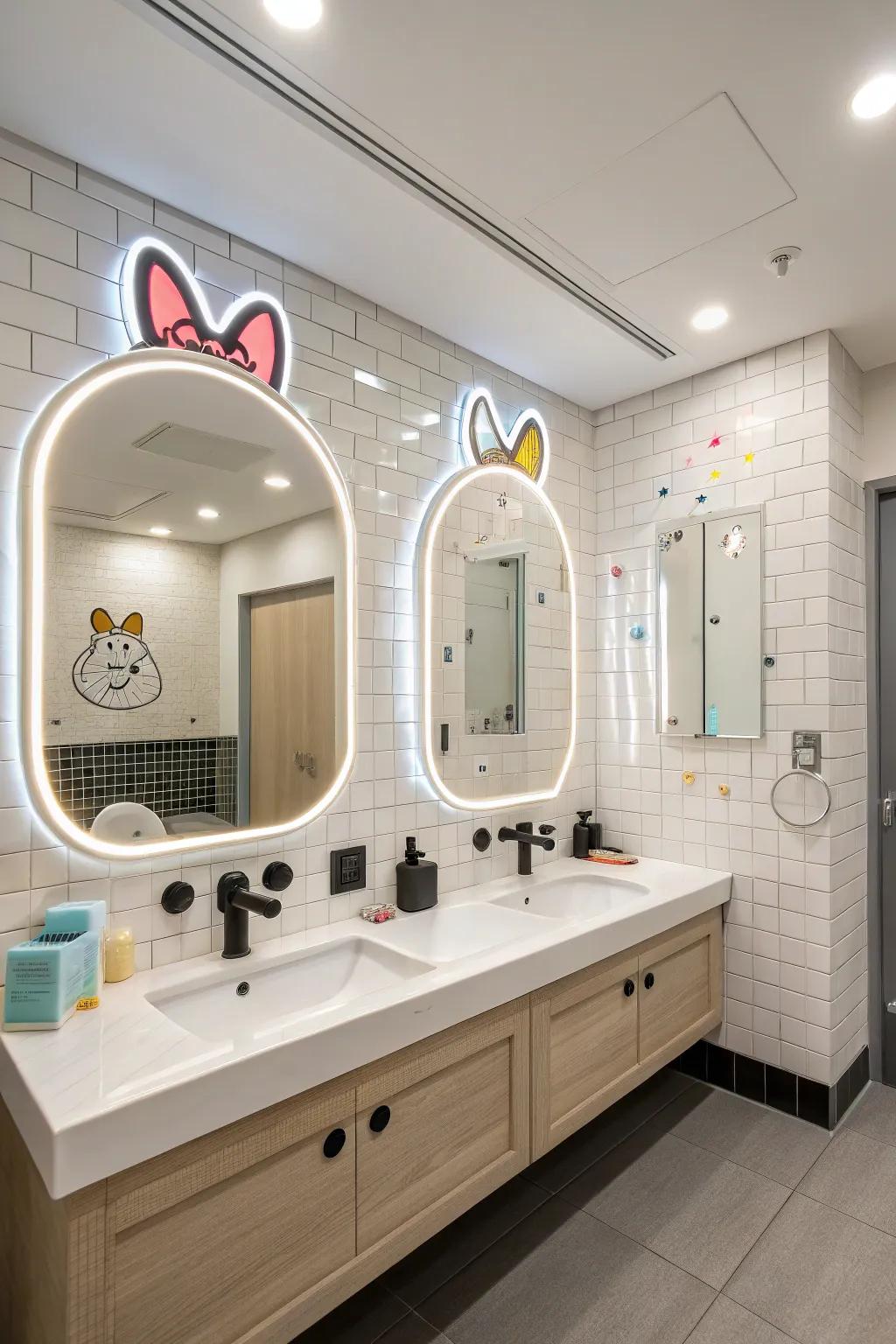 A playful washroom aesthetic showcasing bespoke-outlined illuminated reflections.