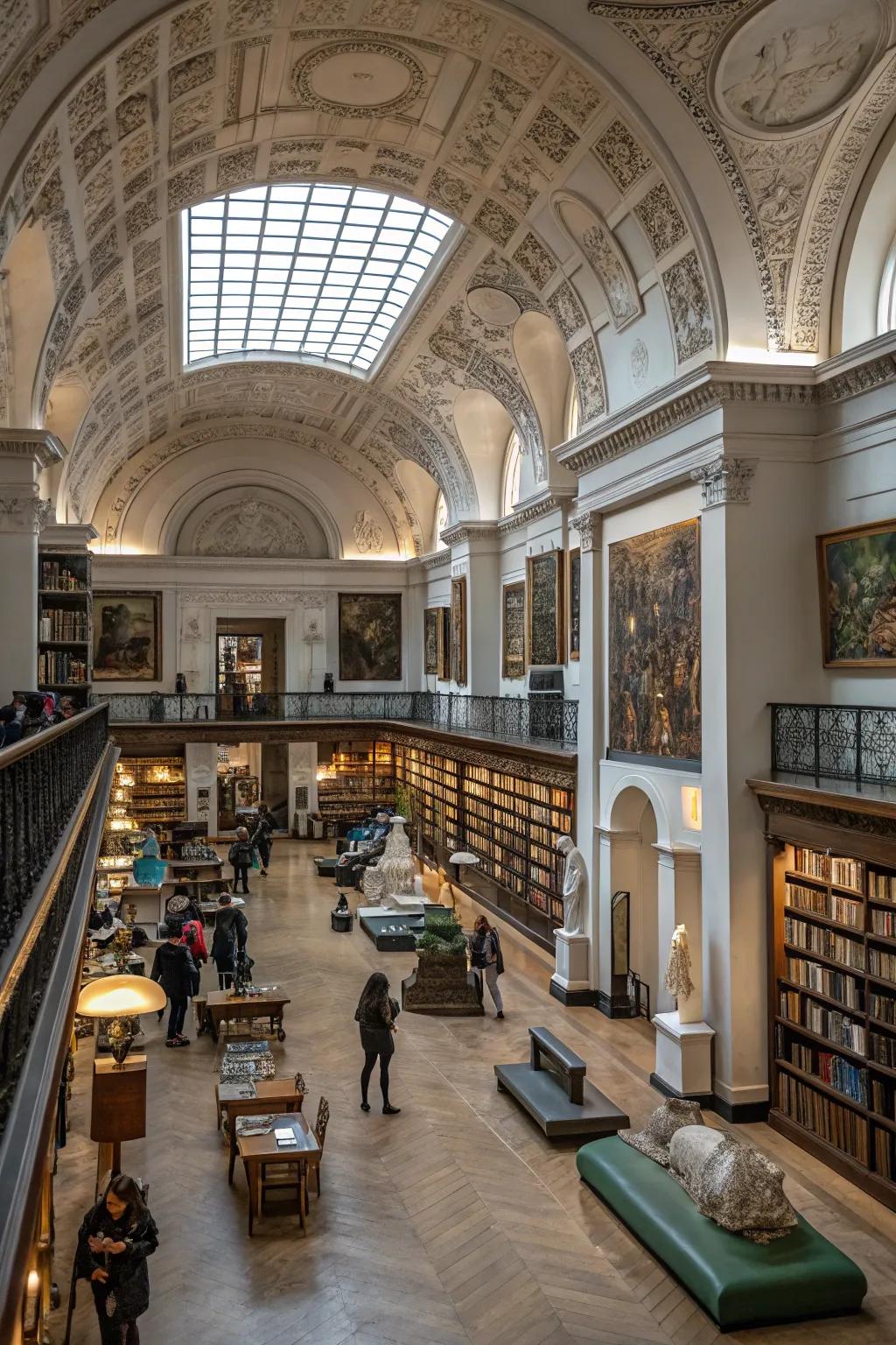 A library enriched with art and sculptures that add a sophisticated touch.