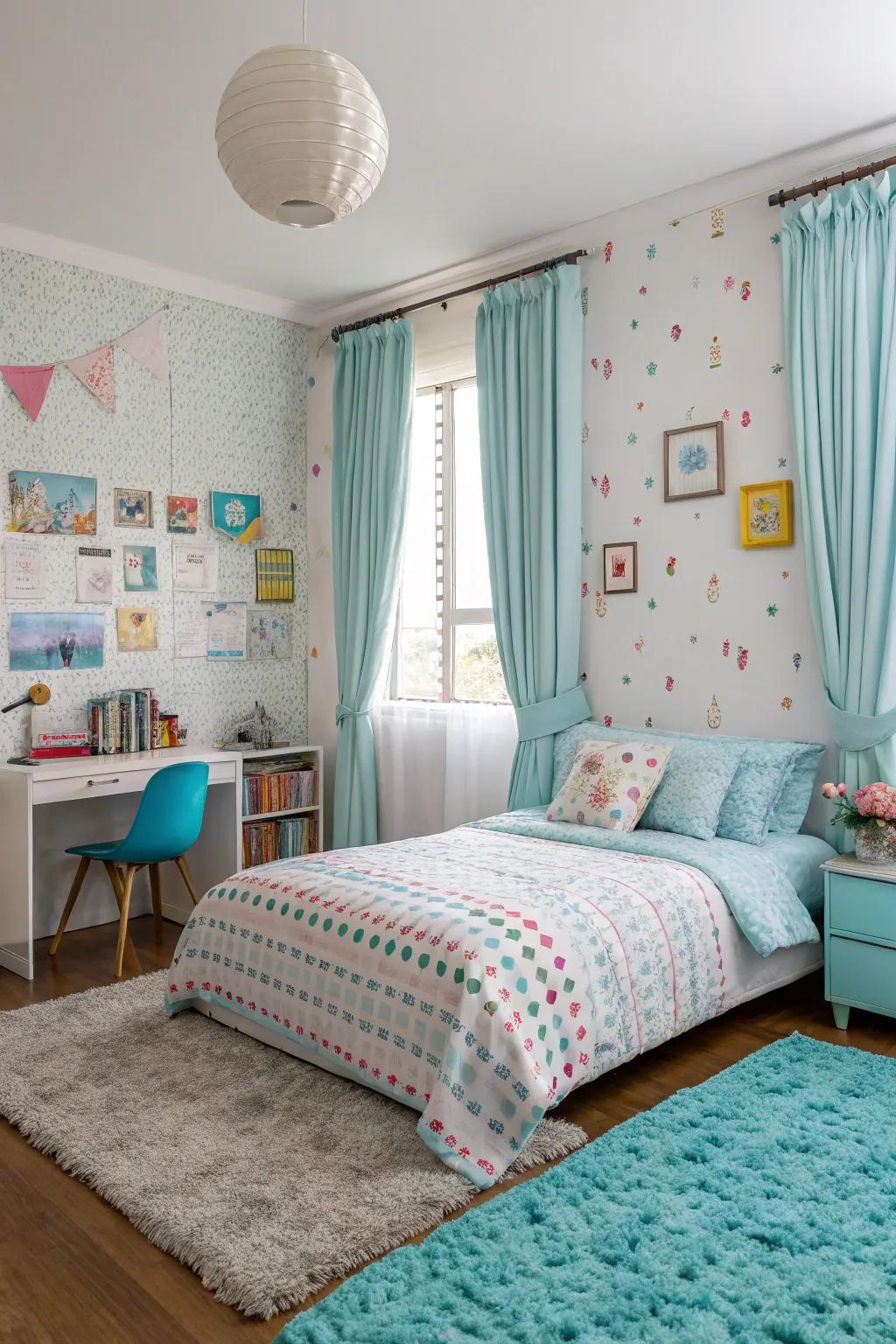 A bedroom features playful patterns with light blue accents for a lively atmosphere.
