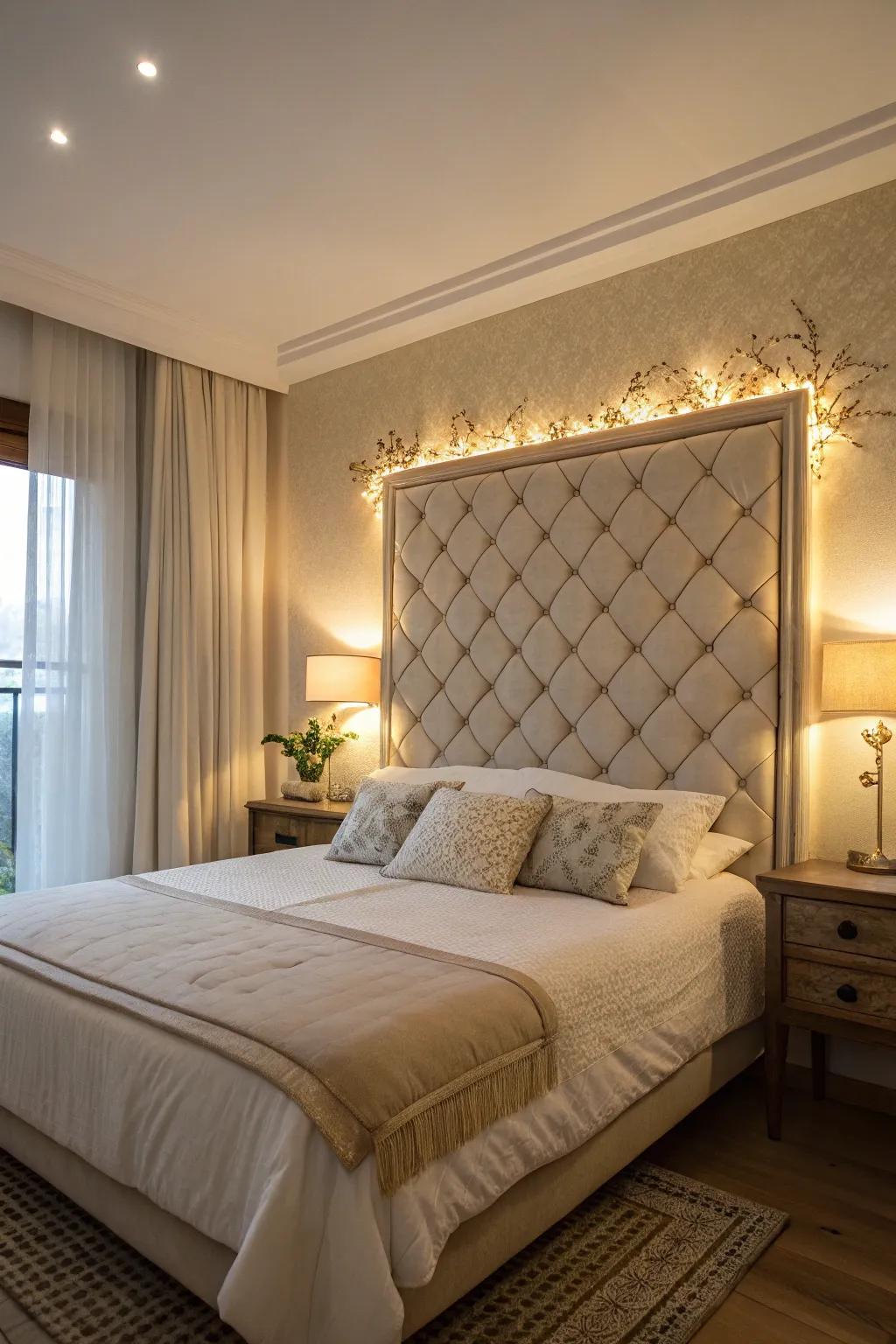 A cozy bedroom enhanced by a lighted headboard.