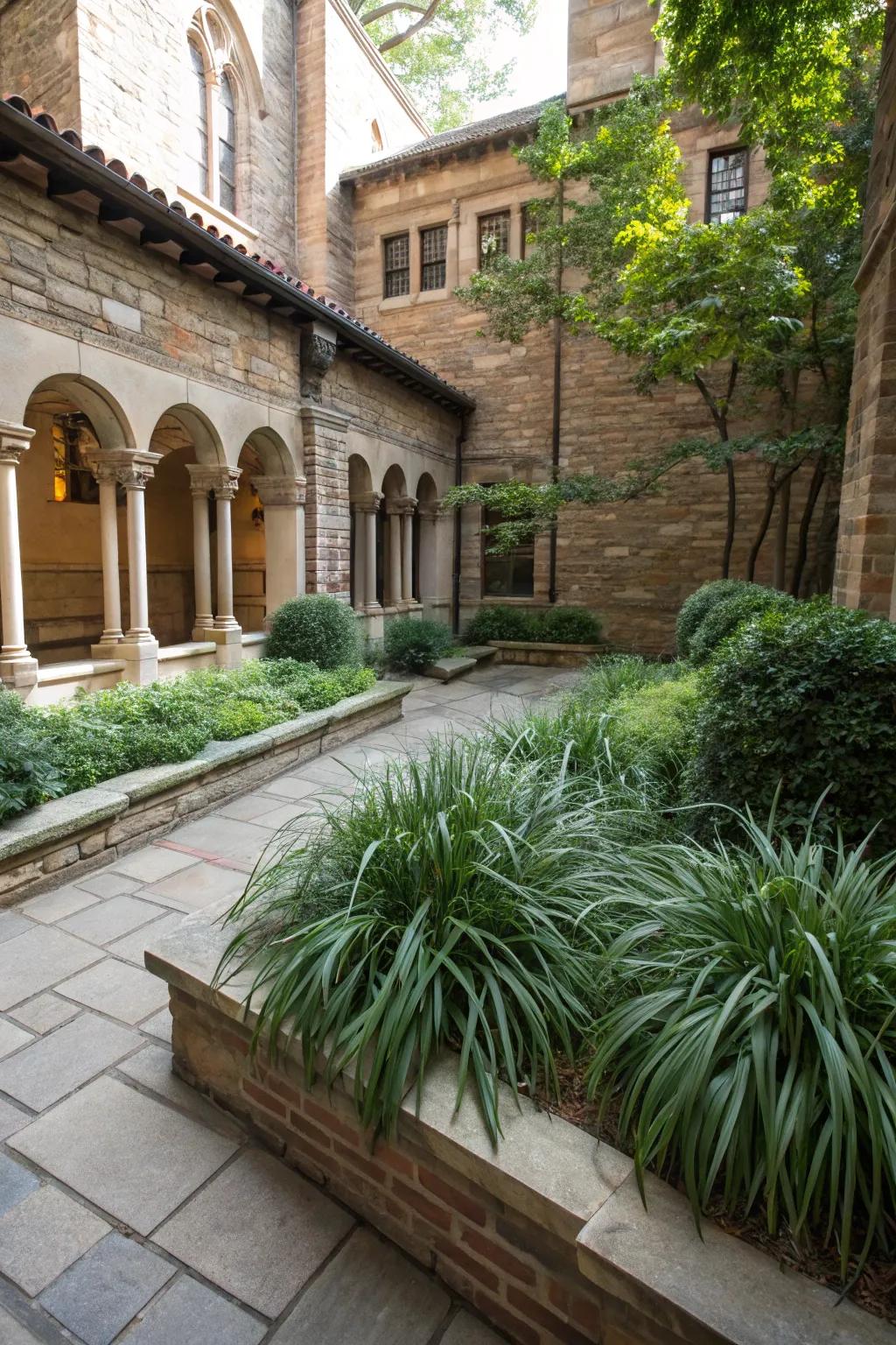 Courtyard corners brought to life by the vibrant greenery of liriope.