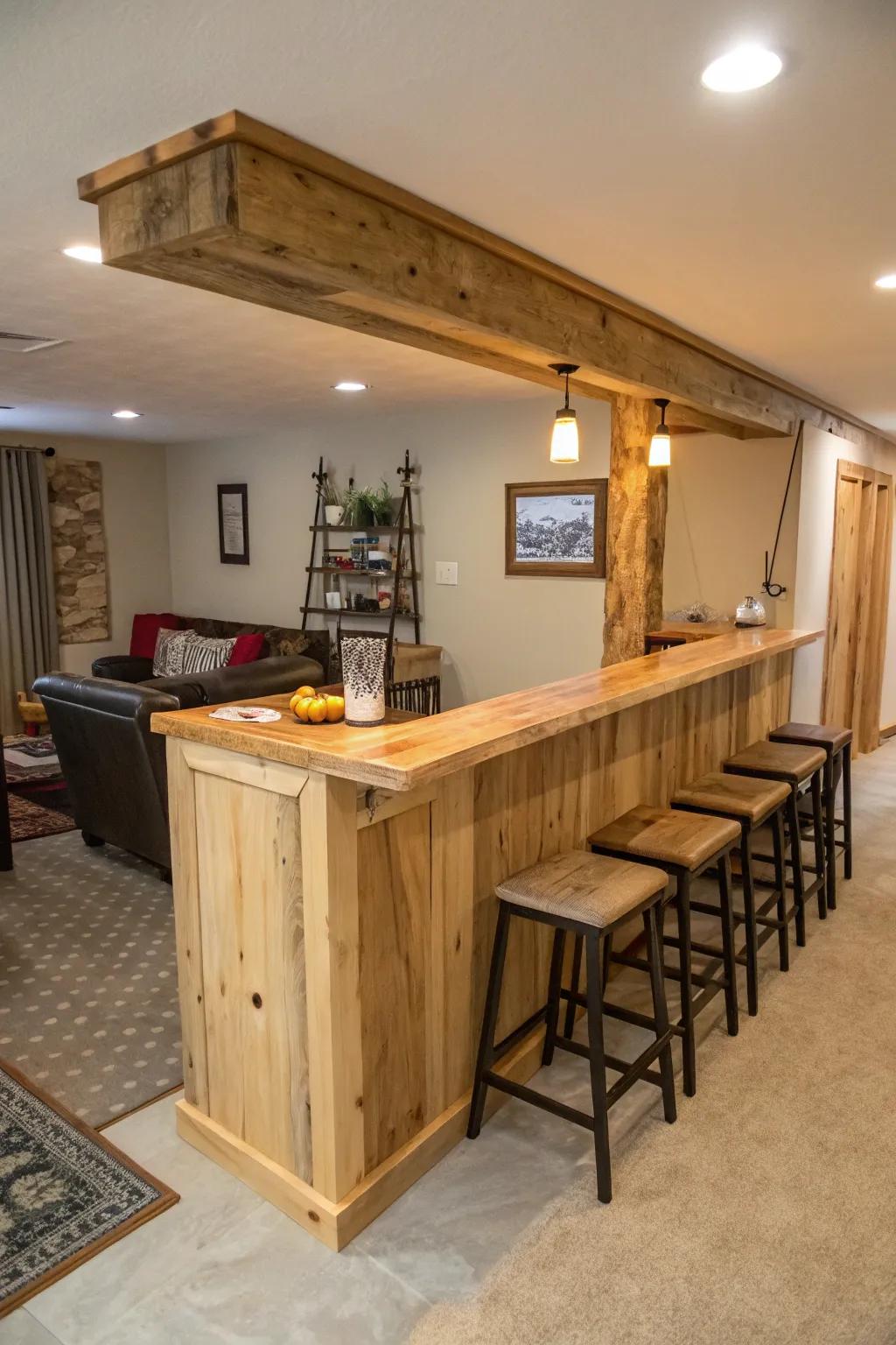 A live edge bar that serves dual purposes as a bar and dining area in a compact setting.