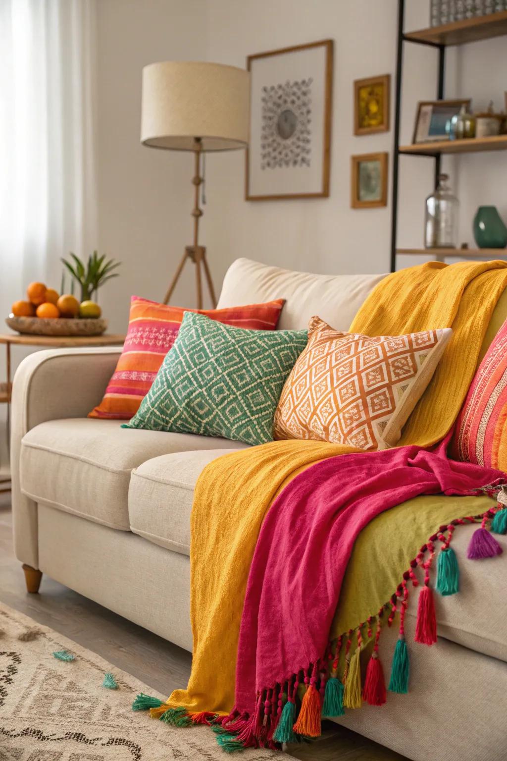 Subtle couch with colorful accents.