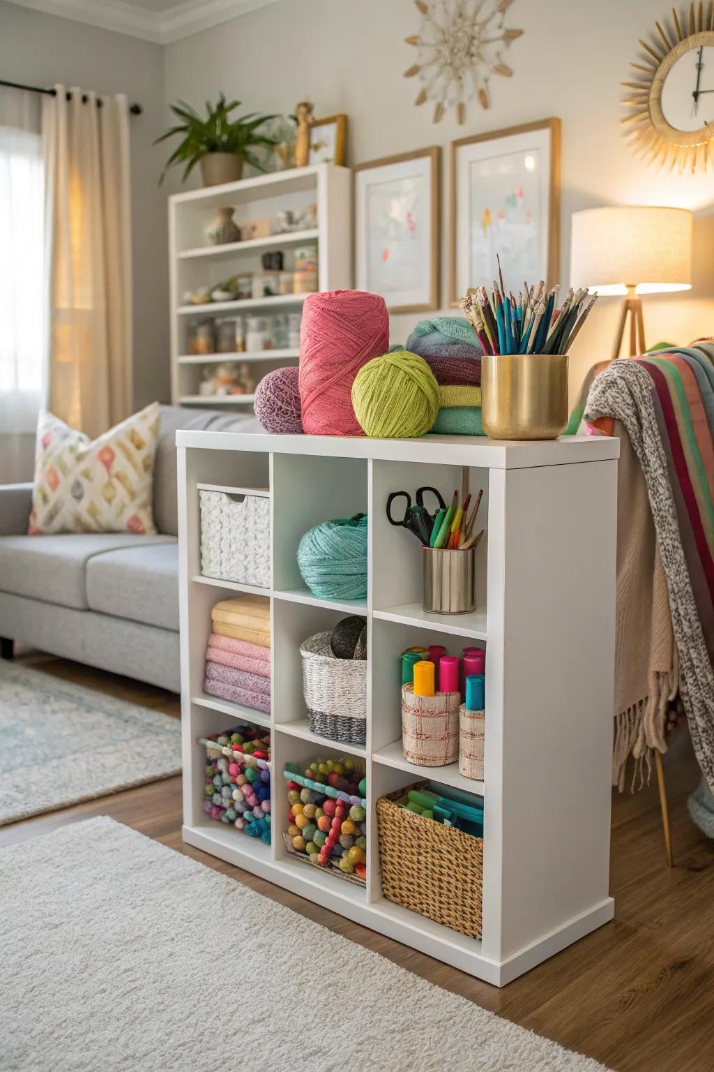 A creative corner organizer employing modular storage for neat creativity.