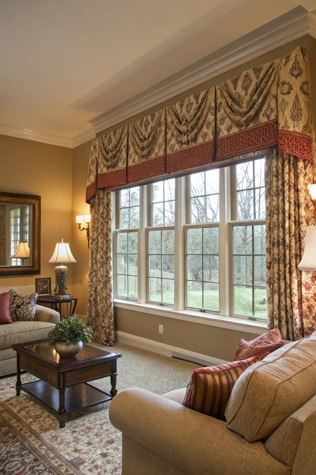 Patterned toppers add an elegant frame to your windows.