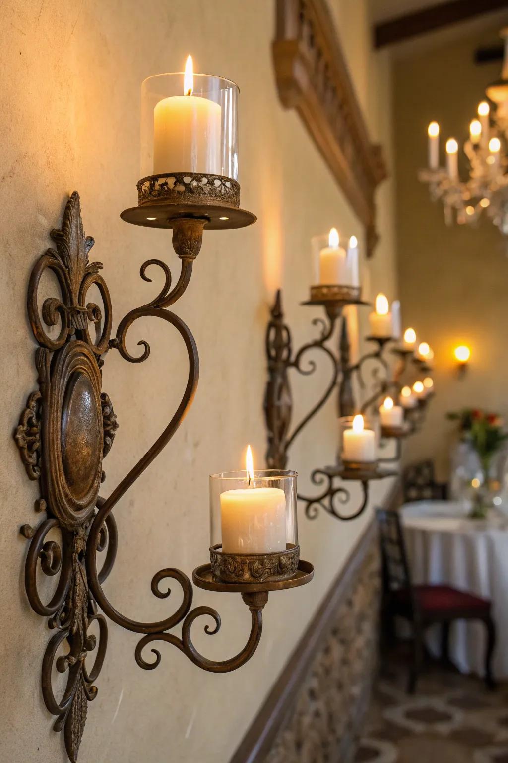 Wall candle holders furnish a snug and welcoming radiance.