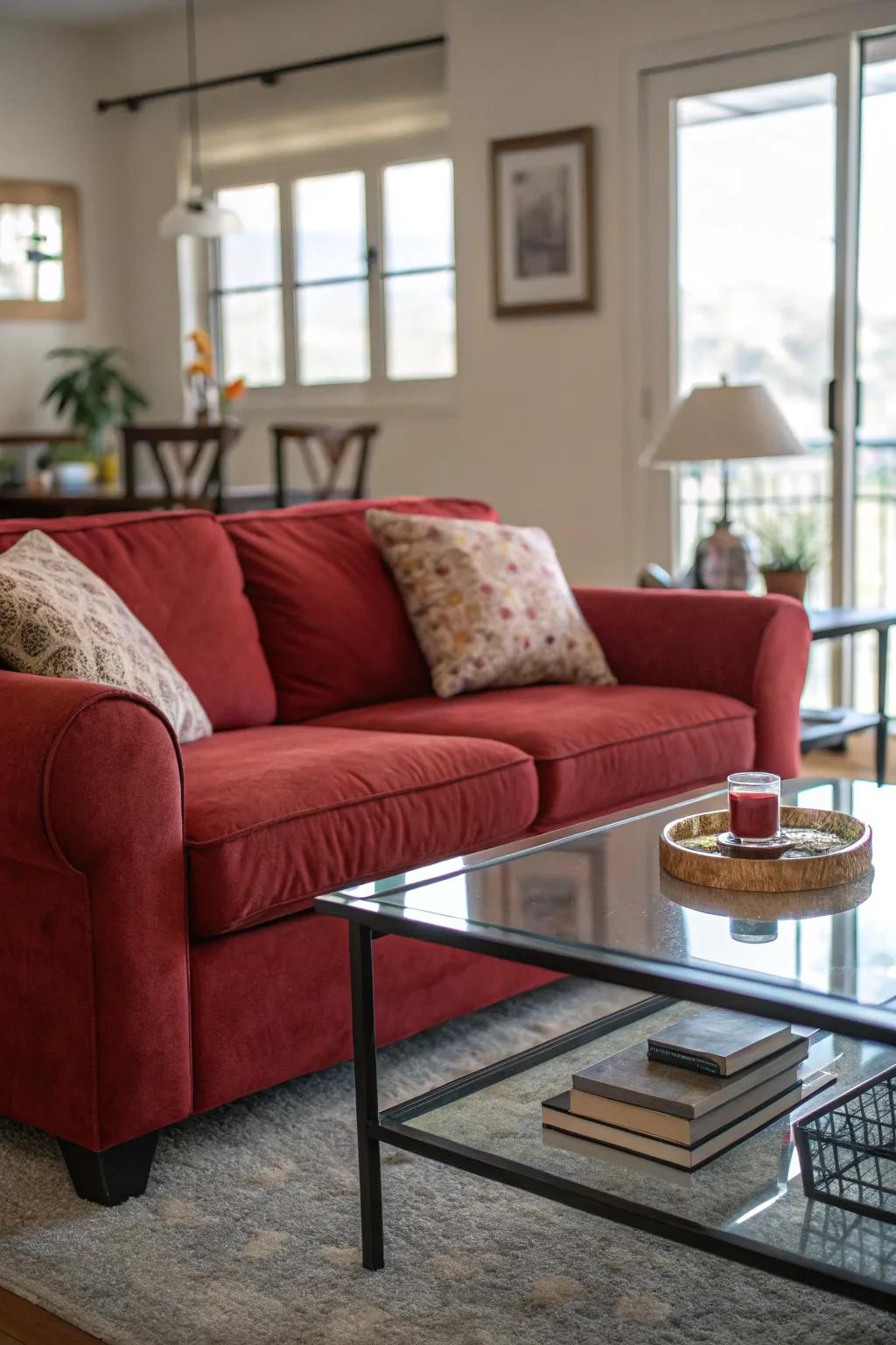 The ideal coffee table complements your crimson sofa and enhances the overall design of the space.