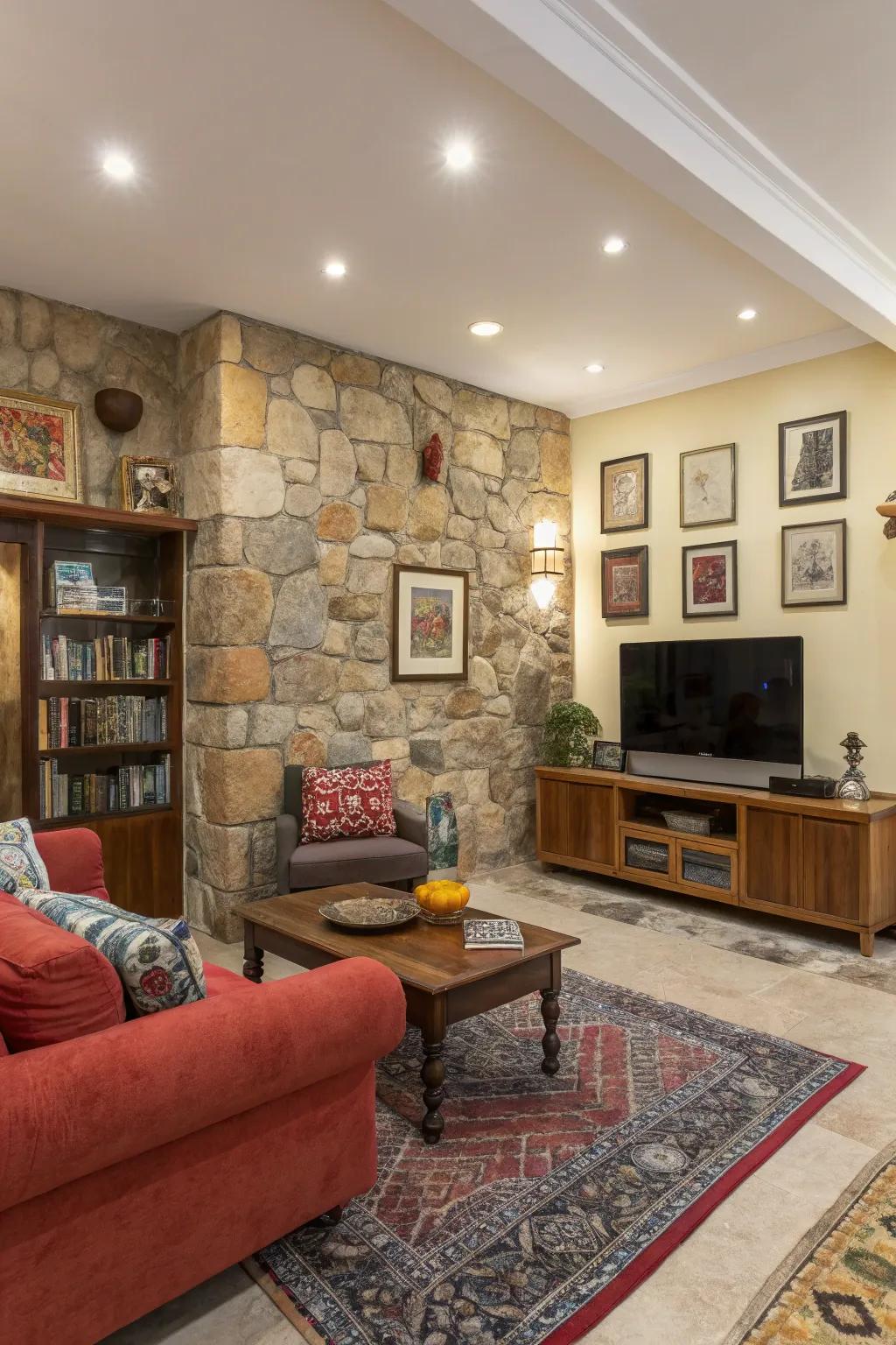 An eclectic assortment of stones crafts a vibrant and tailored space.