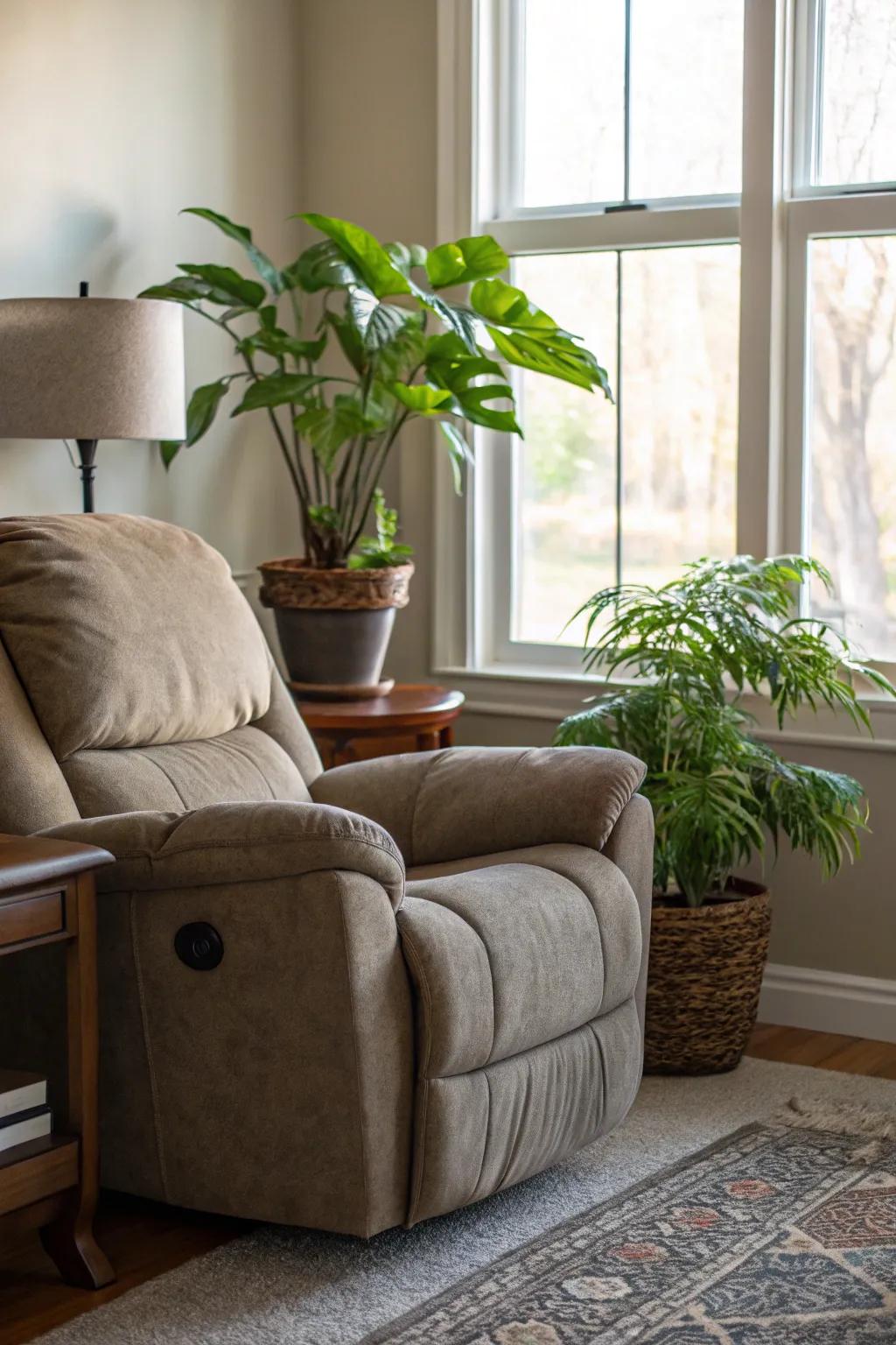 A revitalizing family room corner featuring a recliner and greenery.
