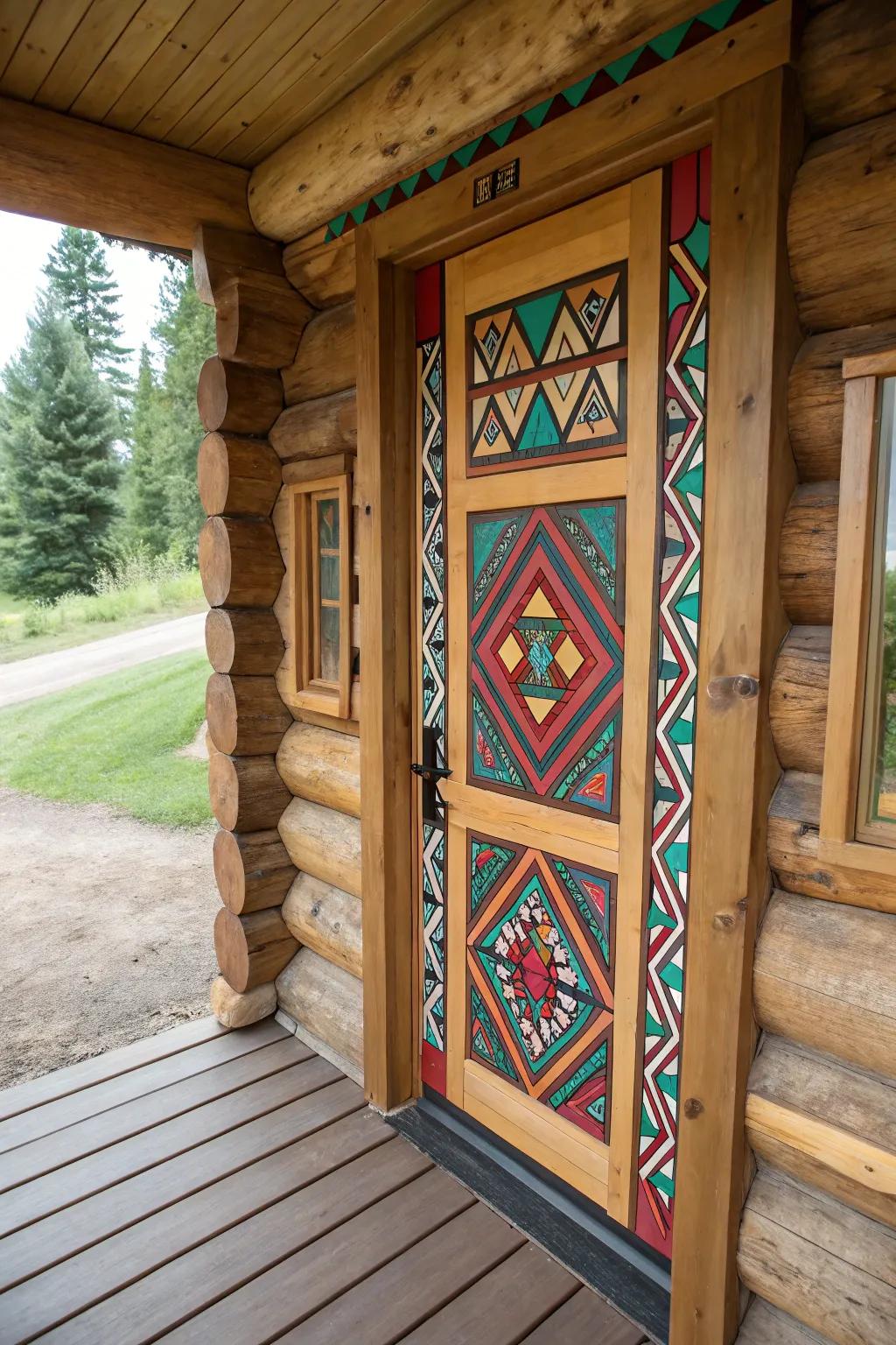 A log cabin door featuring striking geometric patterns.