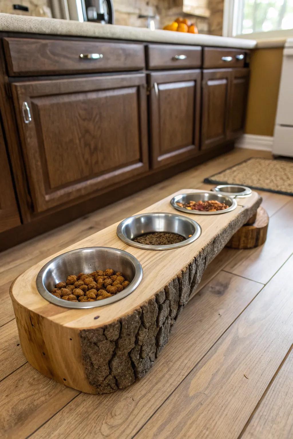 A dog bowl holder handcrafted from logs for a natural accent.