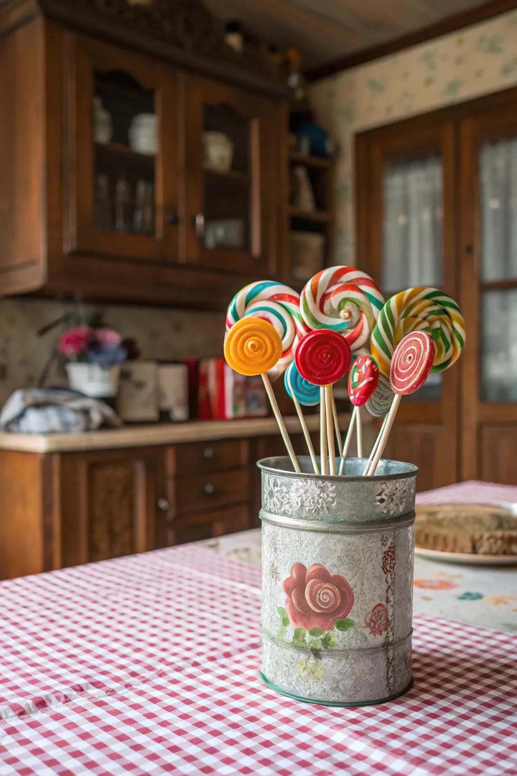An antique tin container holding a candy pop posy