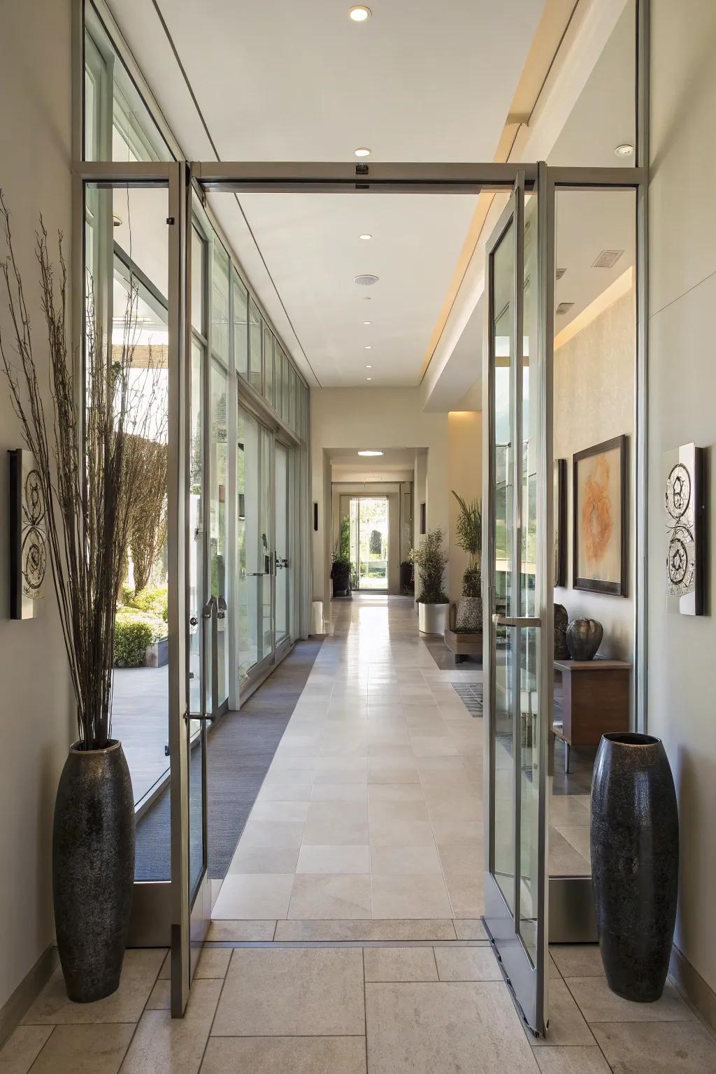 Glass doors enhance the flow and light in this contemporary entryway.