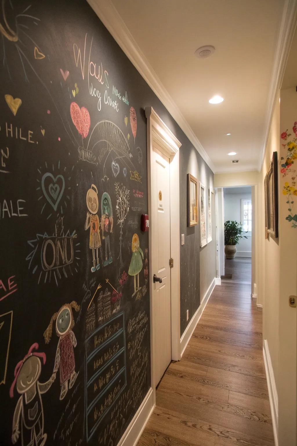 A chalkboard wall gives a playful and functional touch.