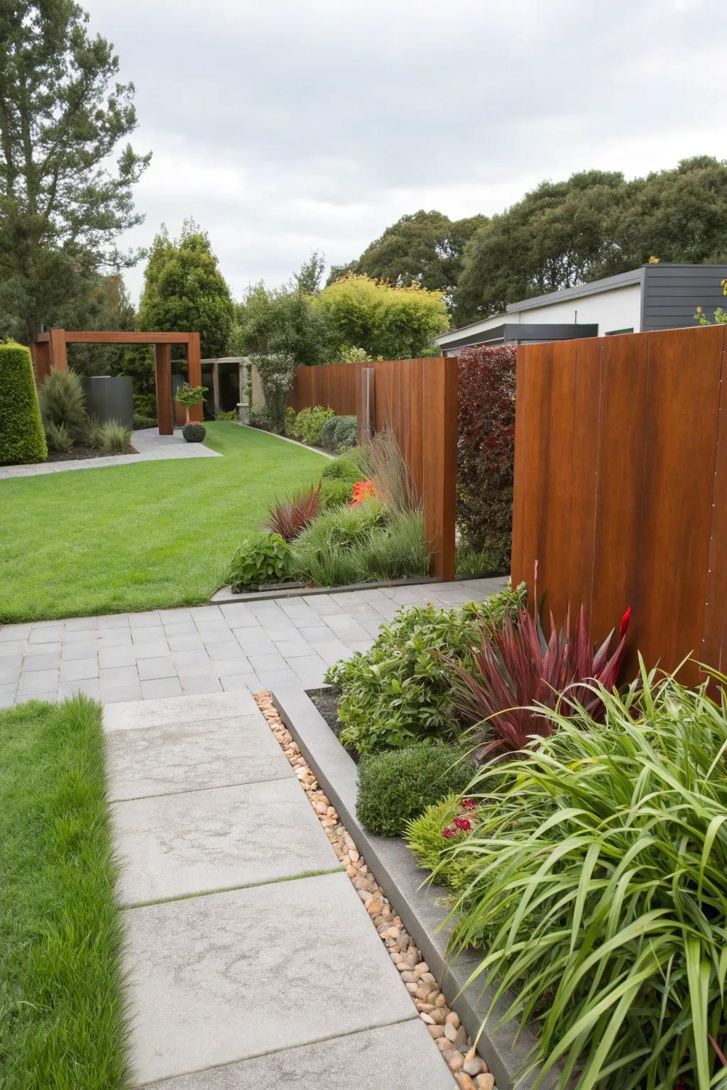 Weathered steel panels inject an industrial edge into this modern front yard.