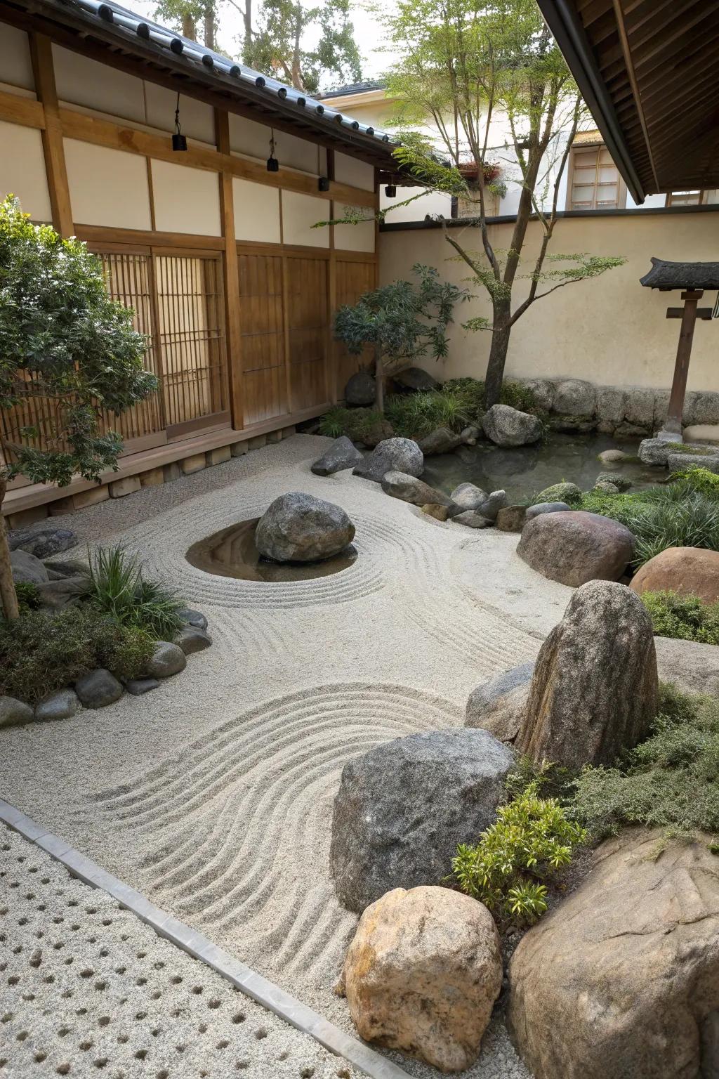 A tranquil Zen garden corner with stones and sand.