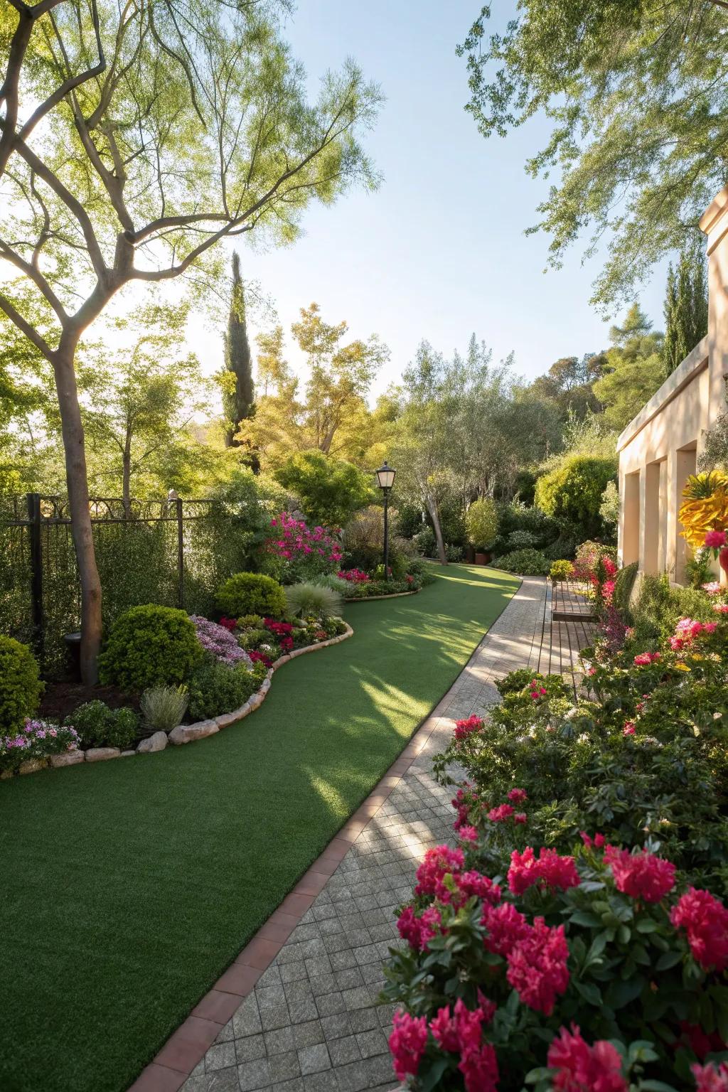 Synthetic turf that provides a lush, easy-care lawn.