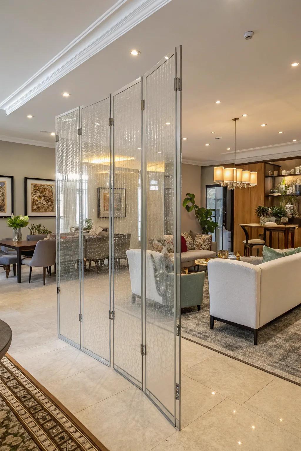 Clear acrylic room dividers offer stylish separation.