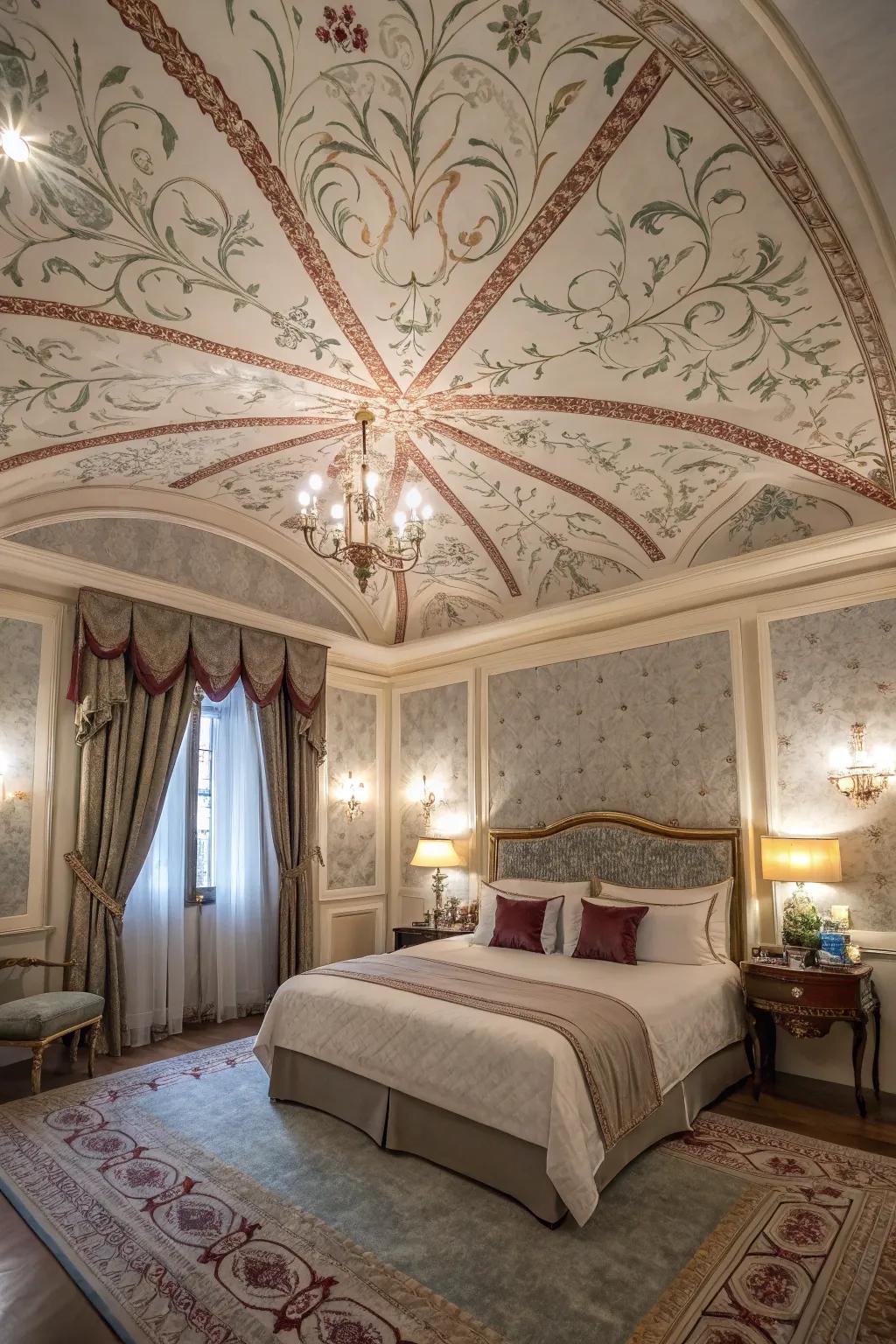 A deluxe bedroom with a ceiling that acts as a dramatic design canvas.