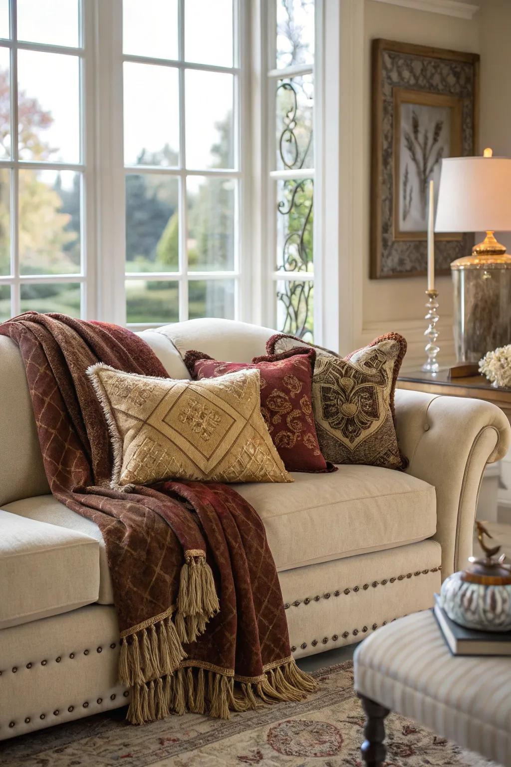 Deluxe throws and decorative pillows blend comfort with sophistication.