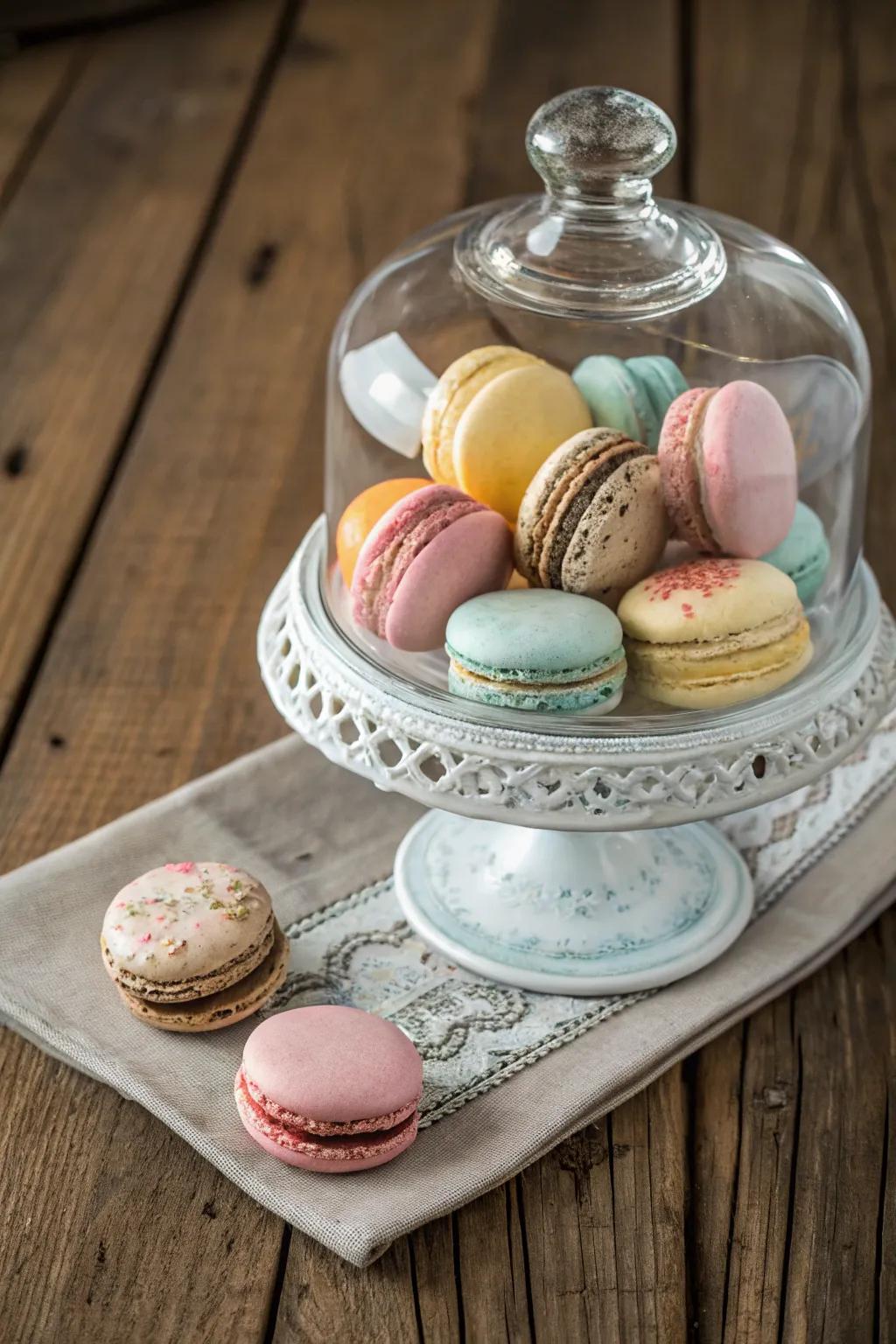 Macarons exhibited inside a glass enclosure.