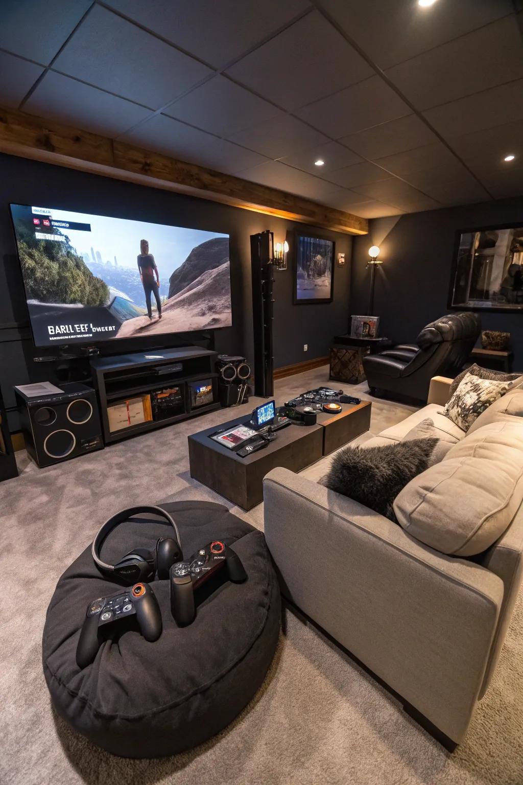 A futuristic virtual reality corner set up in a man cave.