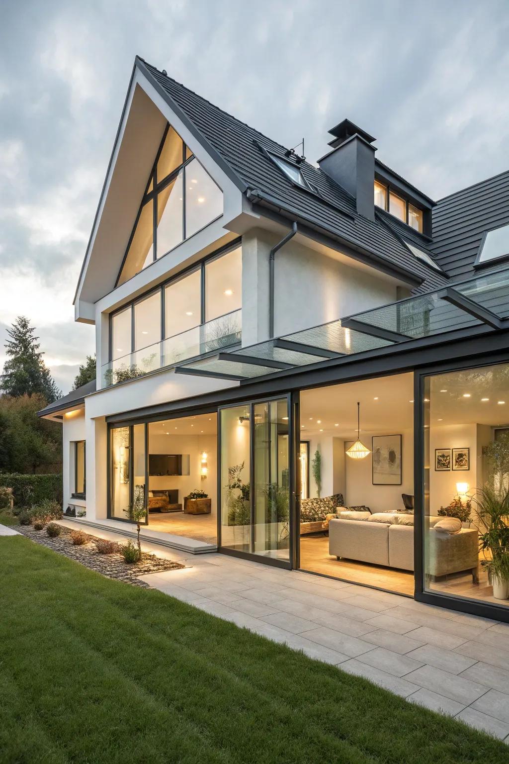 This mansard roof gets a modern, see-through look from glass elements.