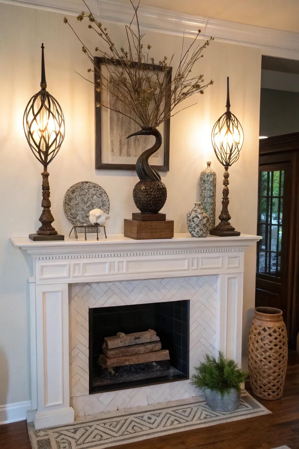 A sculpted decoration forms a striking centerpiece on this mantel.