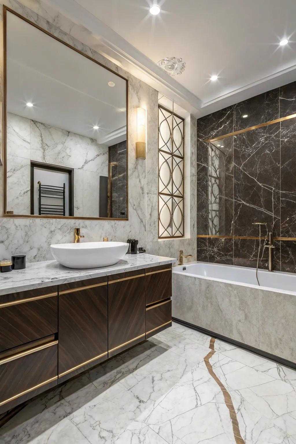 Differing marble textures infuse depth and visual interest.