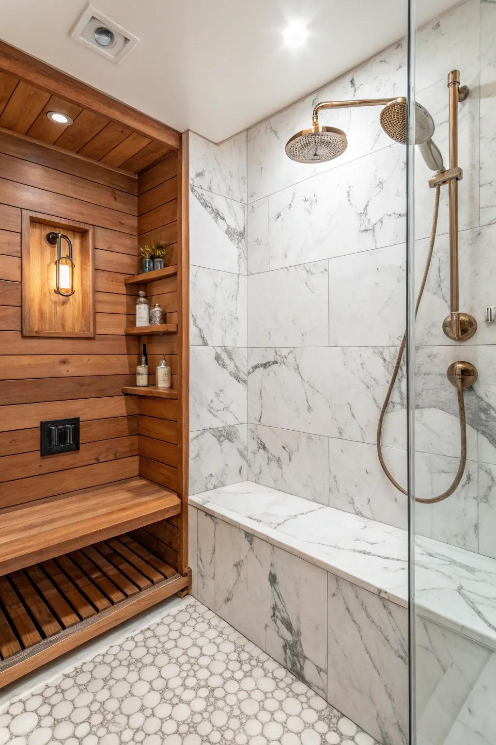 Timber accents add warmth to stone's cool elegance.