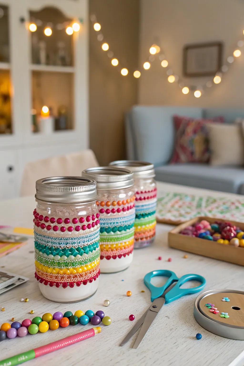 Playful boho utility canisters with bead decorations.