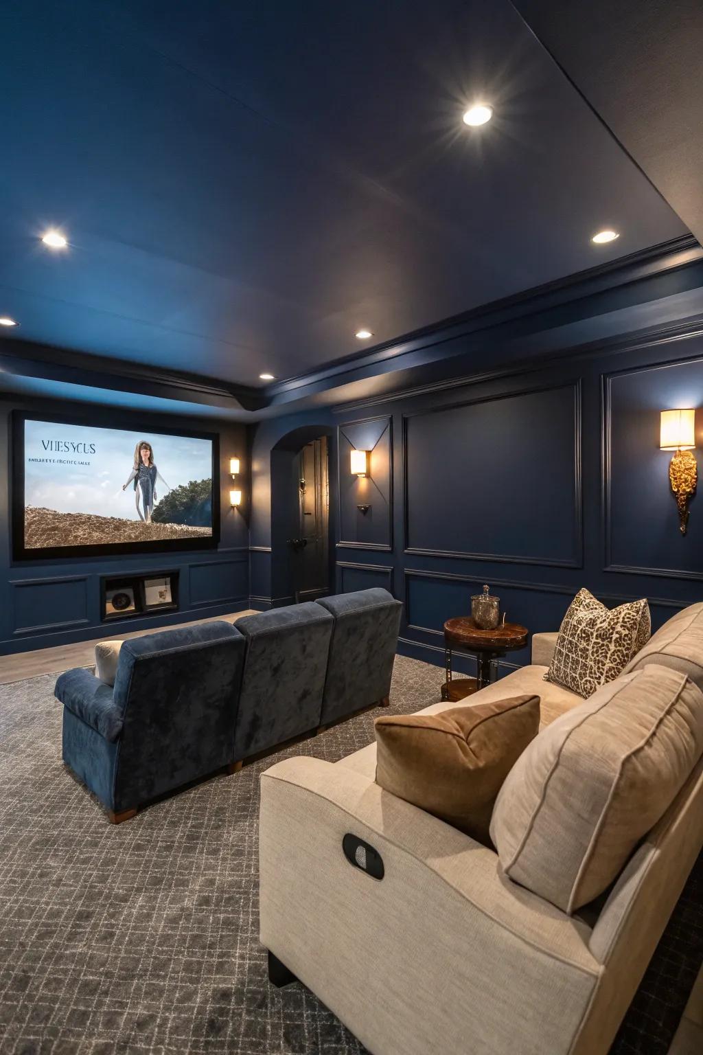 A moody media room with midnight blue walls, ideal for a relaxed viewing experience.