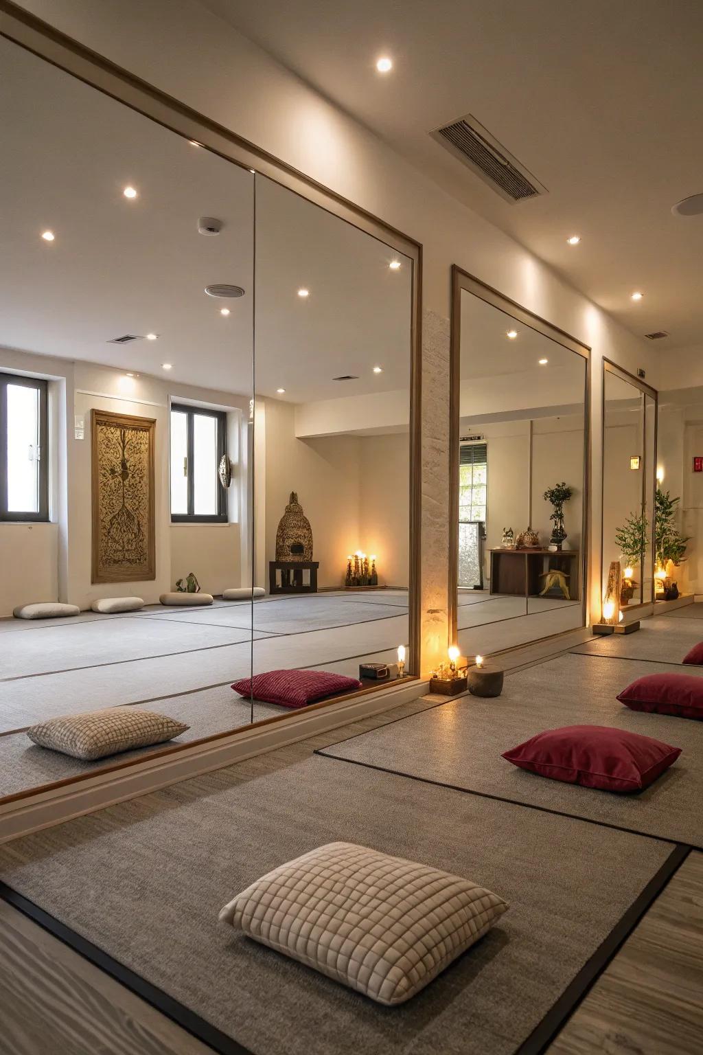 Reflective surfaces add light and space to your meditation room.