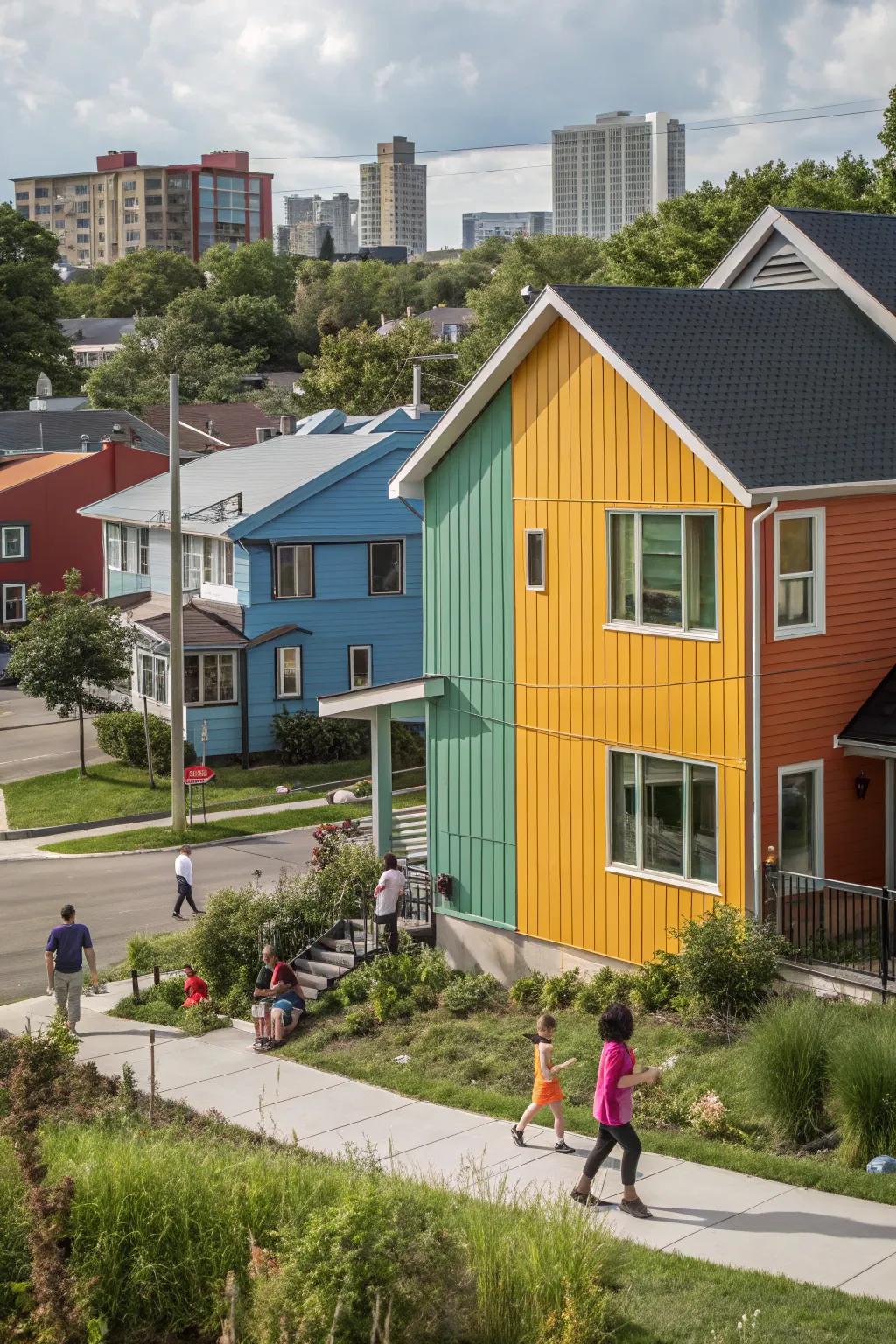 A vibrant community dwelling with metal cladding featuring divergent hues for a lively visual.