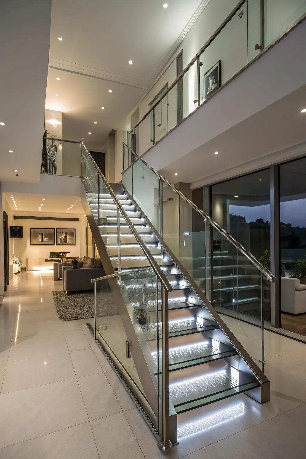 A refined amalgamation of metal and vitrine for a chic stairway.