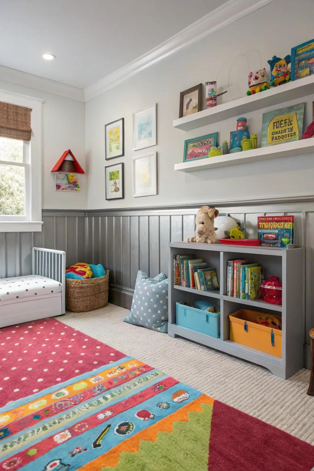 Metallic wall paneling incorporates sturdiness and creativity to children's spaces.