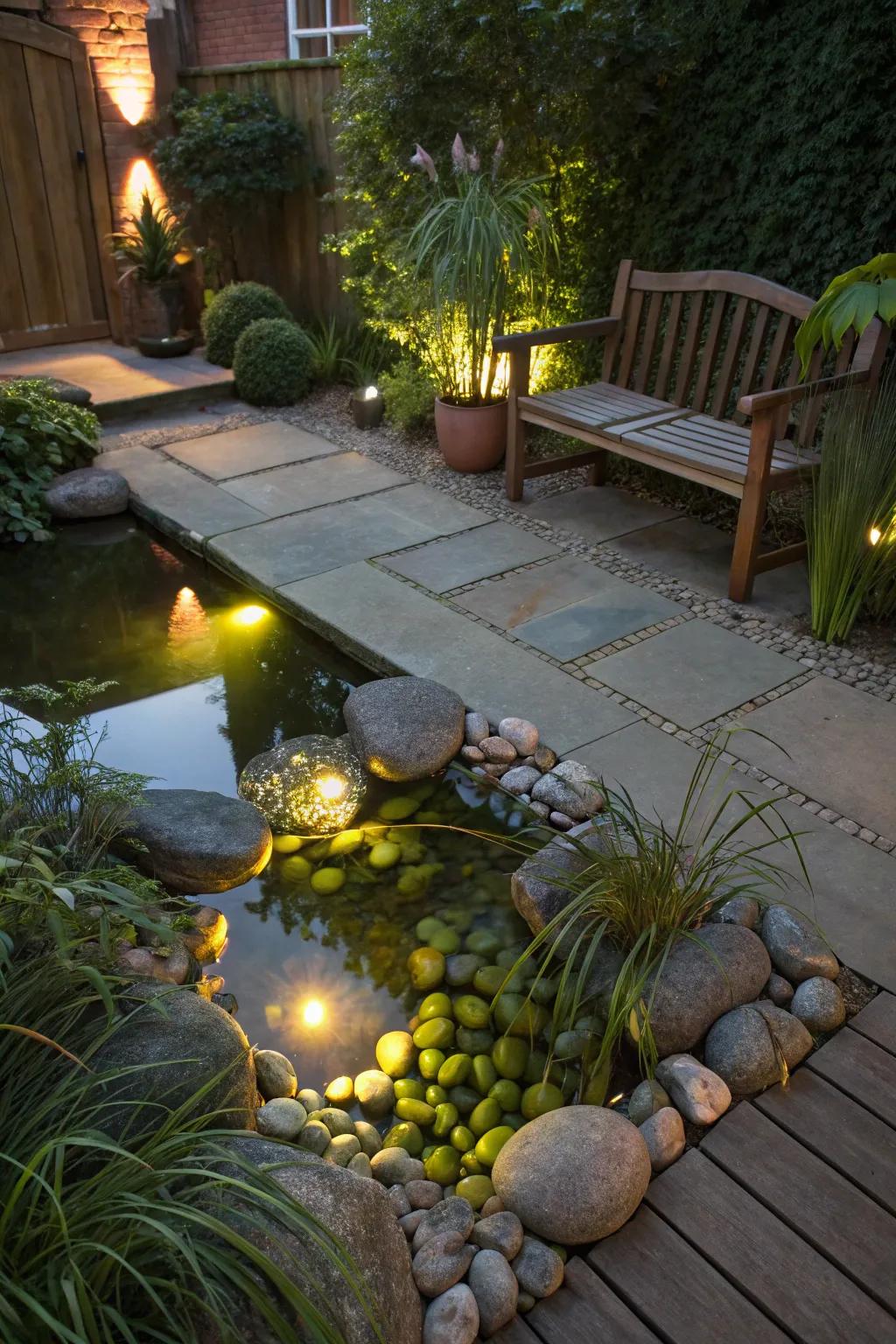 Submerged beacons create a magical ambiance in a patio pond.