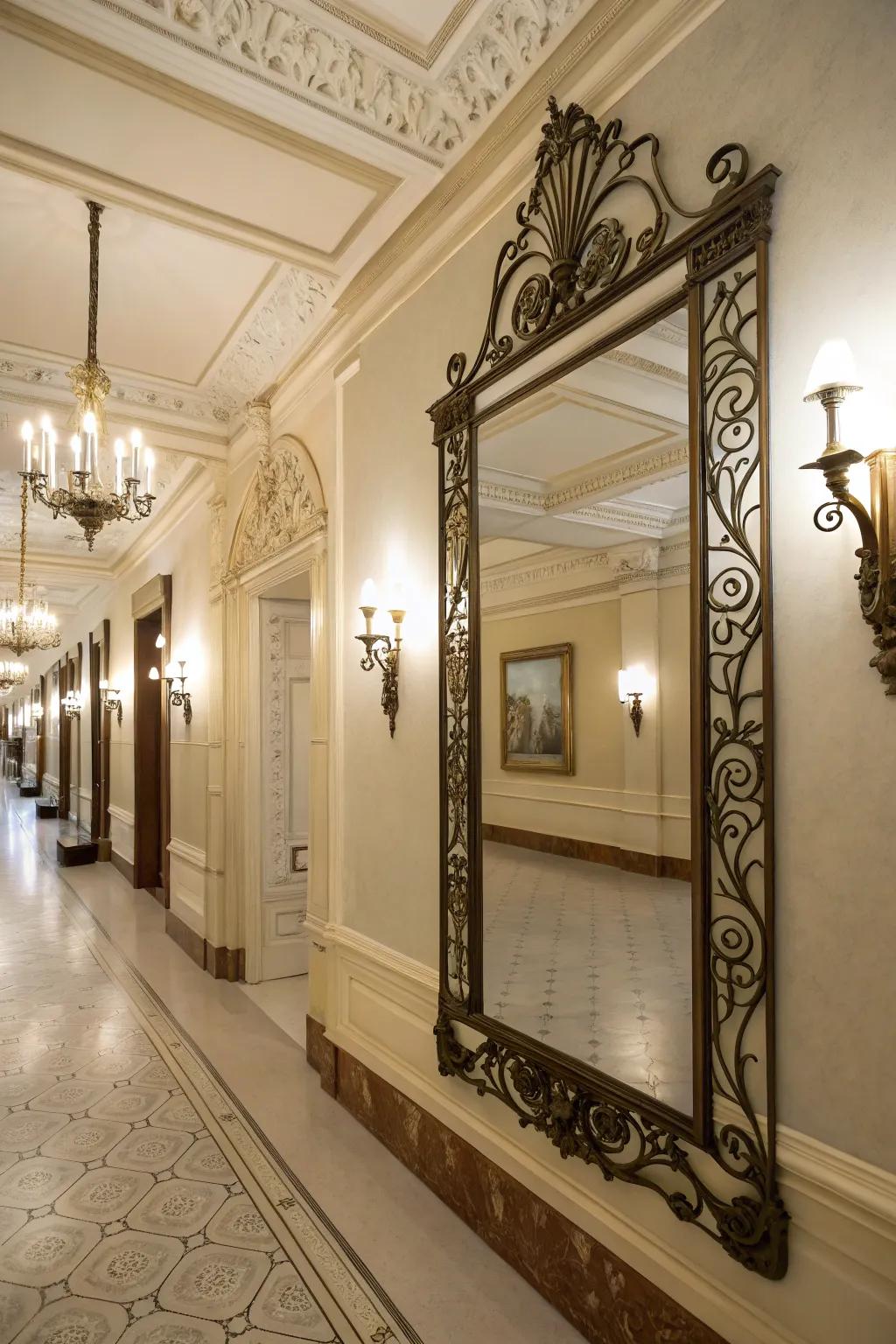 An ornate metalwork frame mirror makes a statement in an elegant passageway.