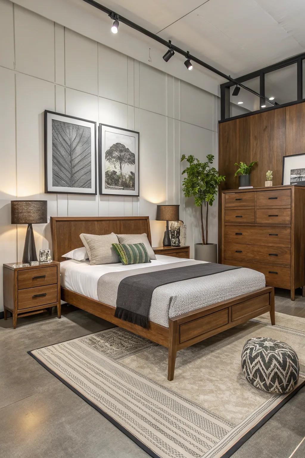 Modern details balance the warmth of wood.