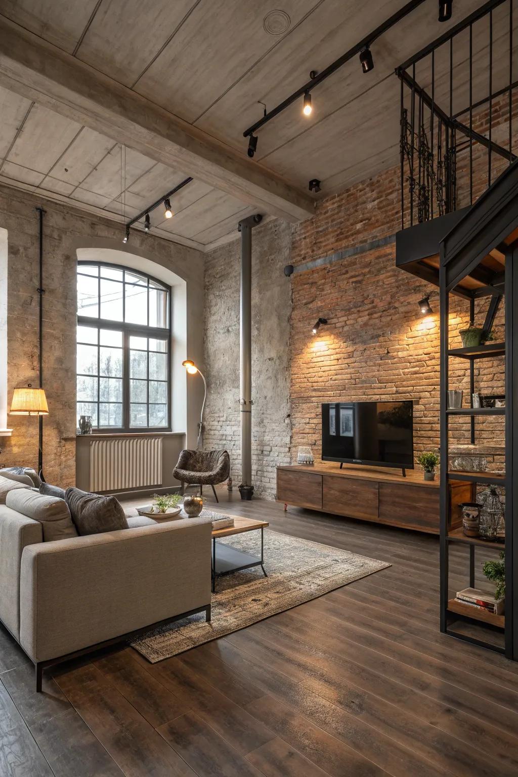 Concrete and timber create a sophisticated, industrial-chic ambiance.