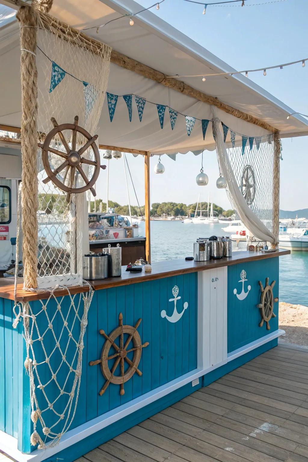 A nautical theme contributes cohesive charm to this mobile bar.