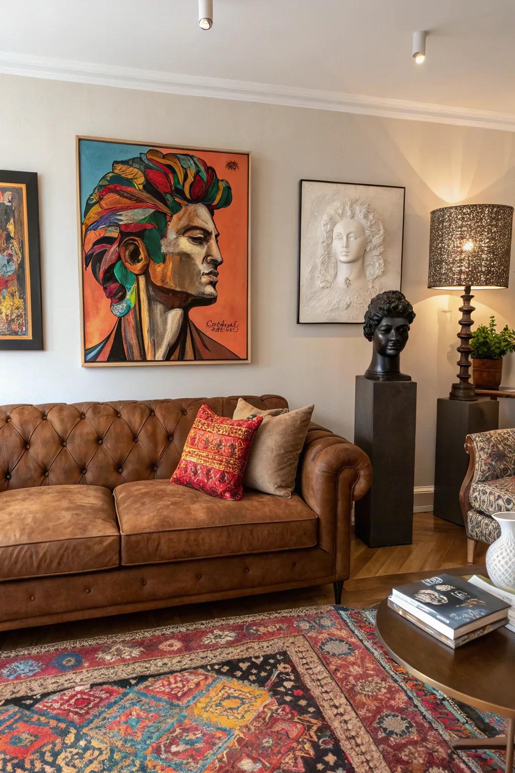 Creative elements transform the cocoa sofa area into a personal gallery.