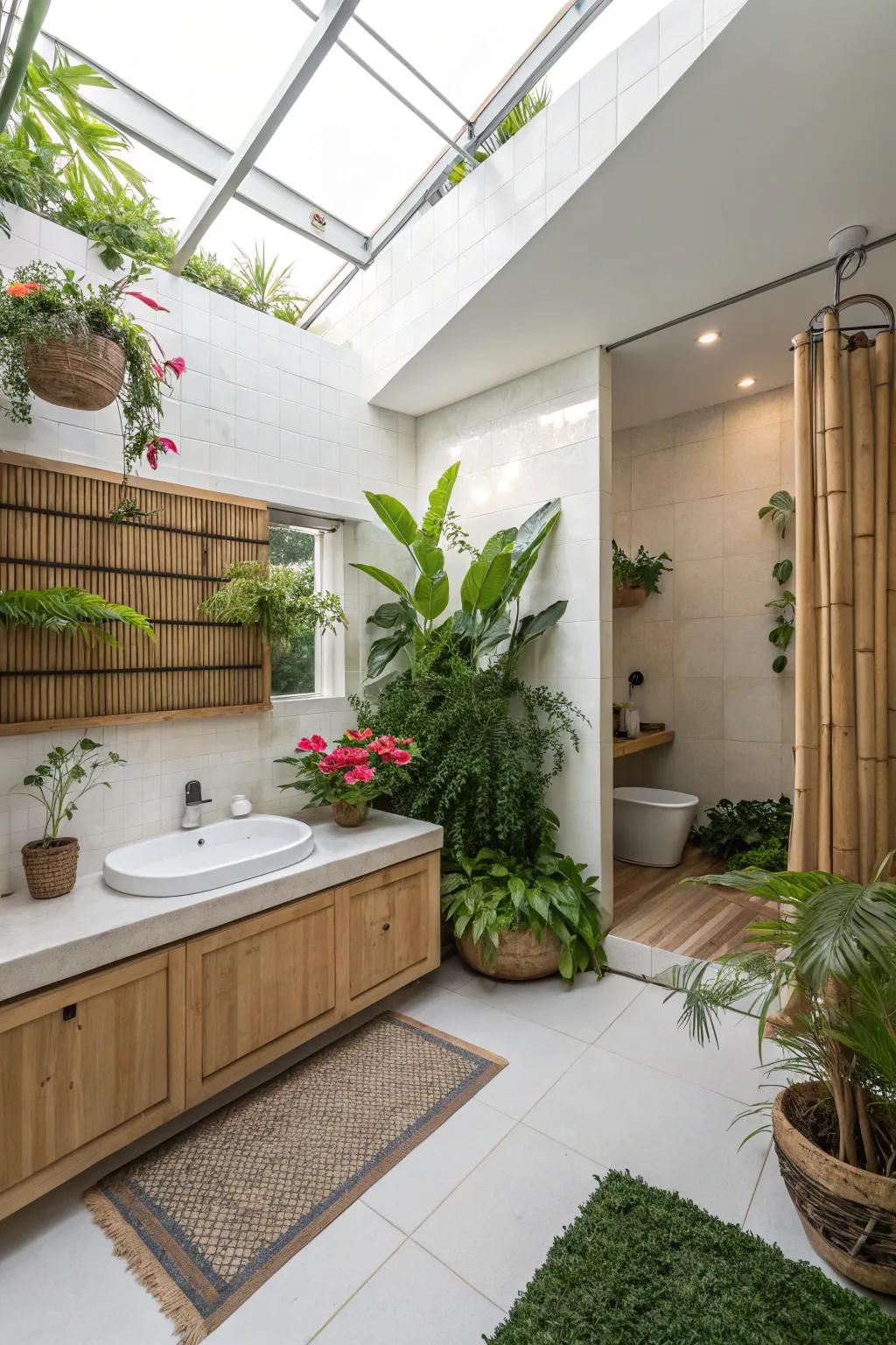 Plants add a revitalizing touch to this contemporary bathroom.