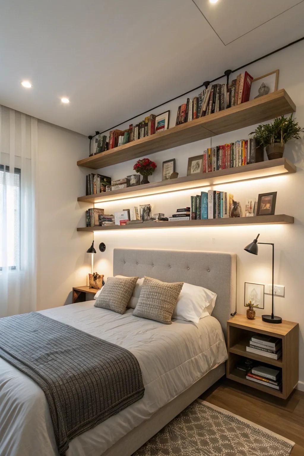 Drifting racks offer style and functionality to your bed wall.
